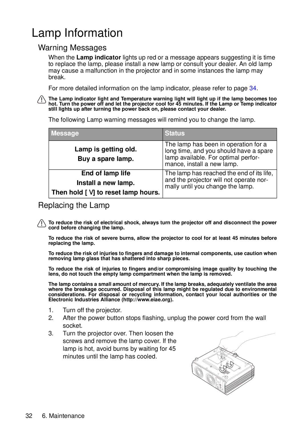 HP vp6210, vp6220 manual Lamp Information, Replacing the Lamp 