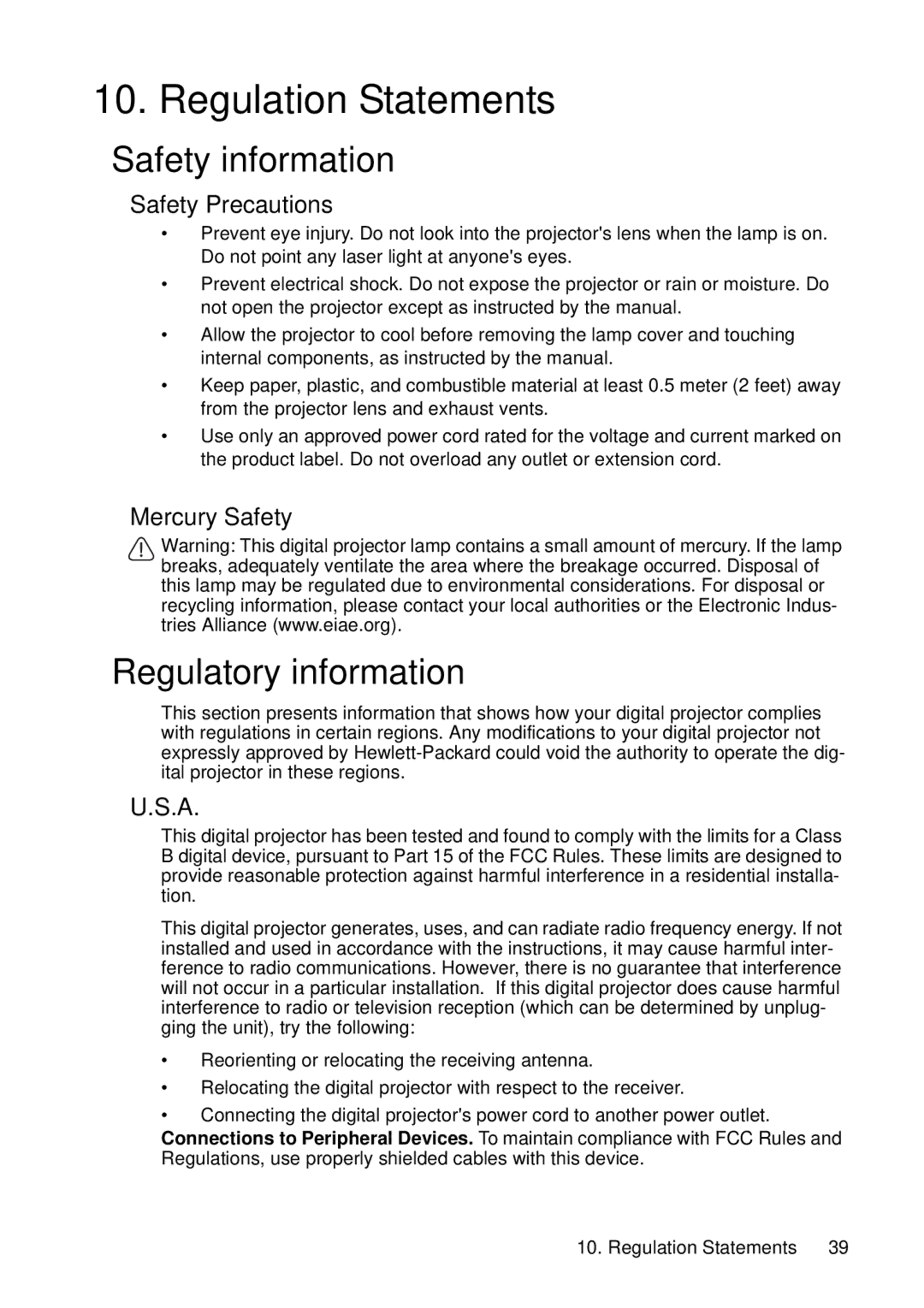 HP vp6220, vp6210 Regulation Statements, Safety information, Regulatory information, Safety Precautions, Mercury Safety 