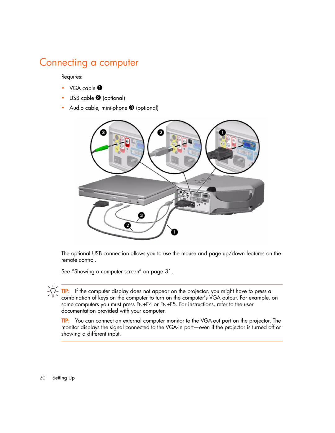 HP vp6320, vp6311, vp6310b, vp6315 manual Connecting a computer 