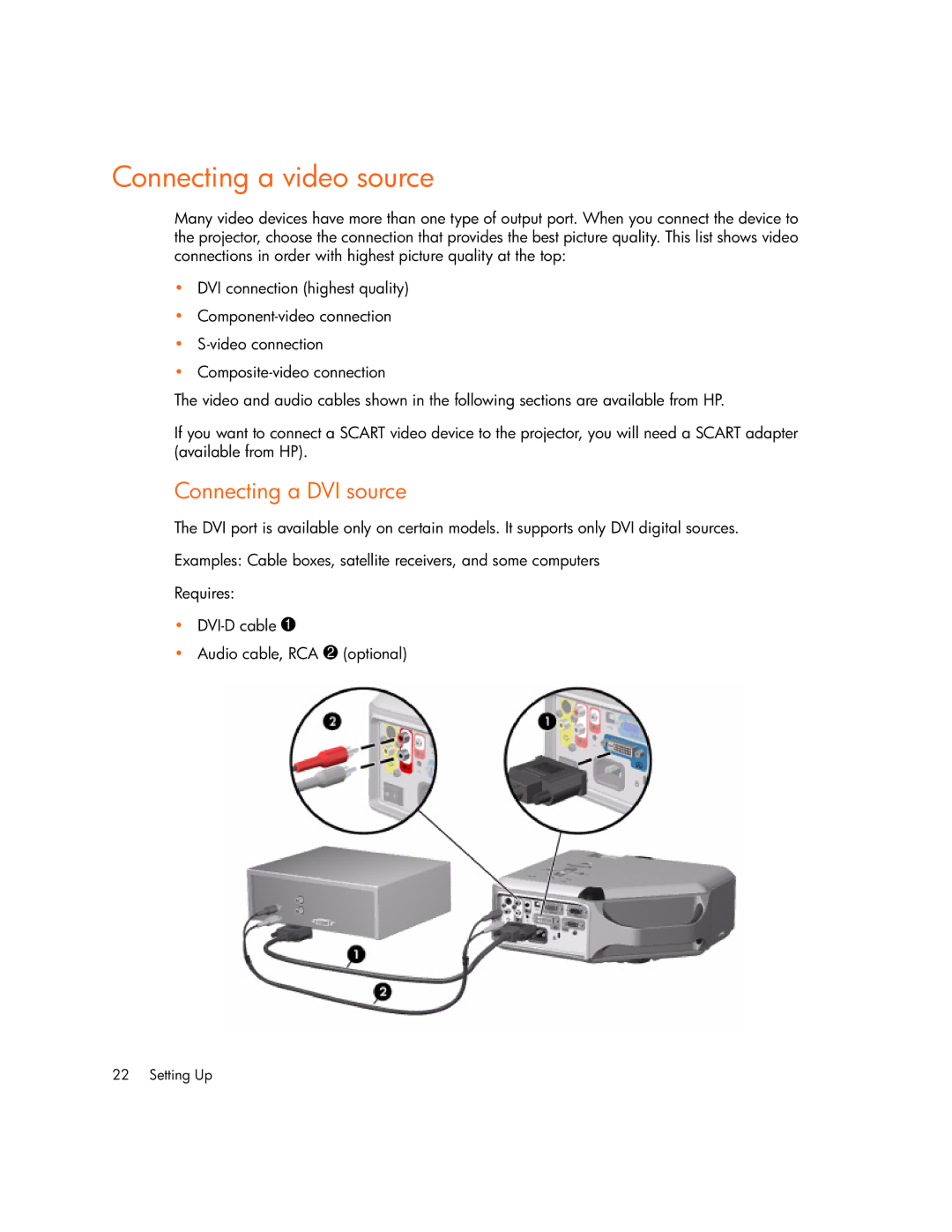 HP vp6310b, vp6320, vp6311, vp6315 manual Connecting a video source, Connecting a DVI source 