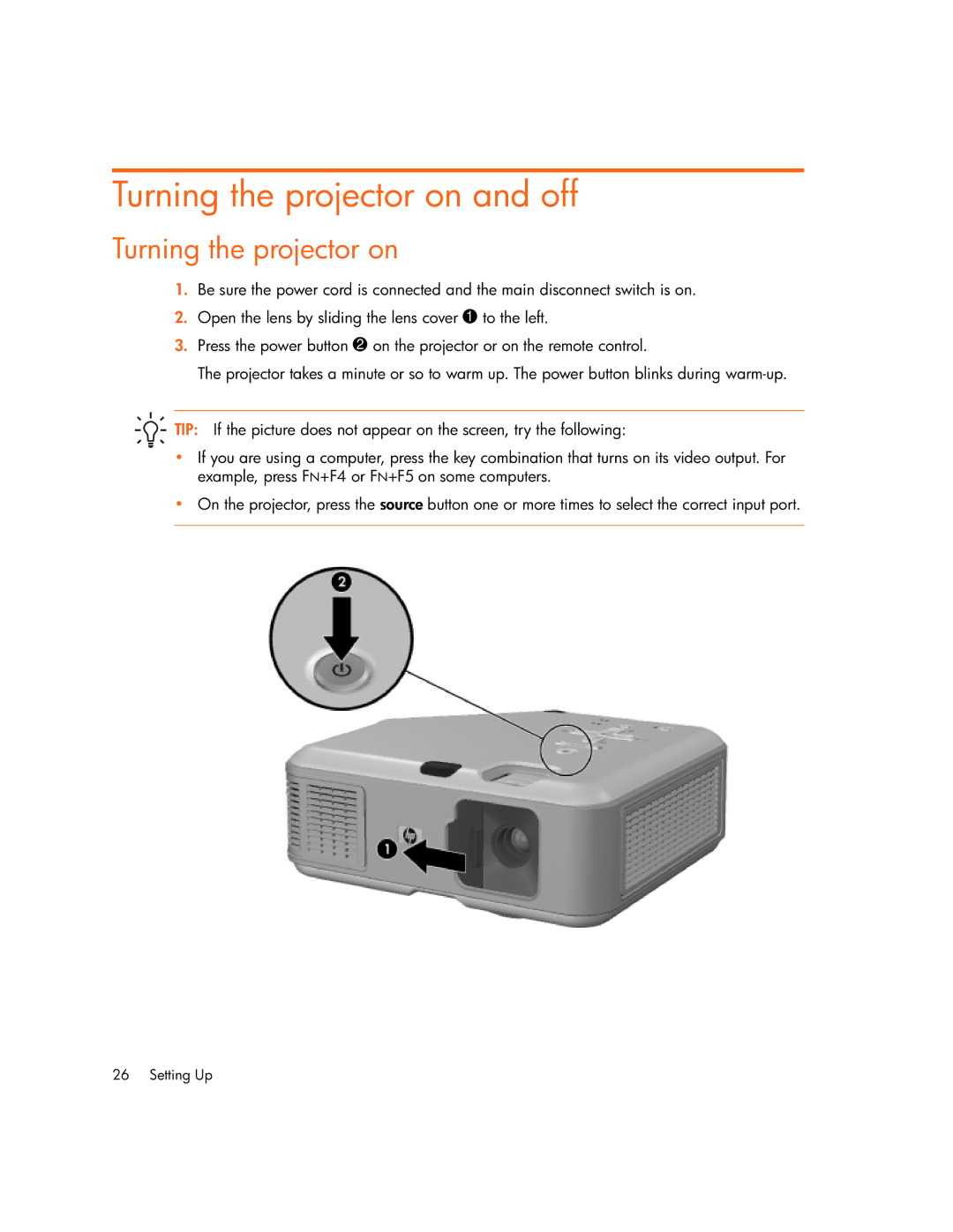 HP vp6311, vp6320, vp6310b, vp6315 manual Turning the projector on and off 