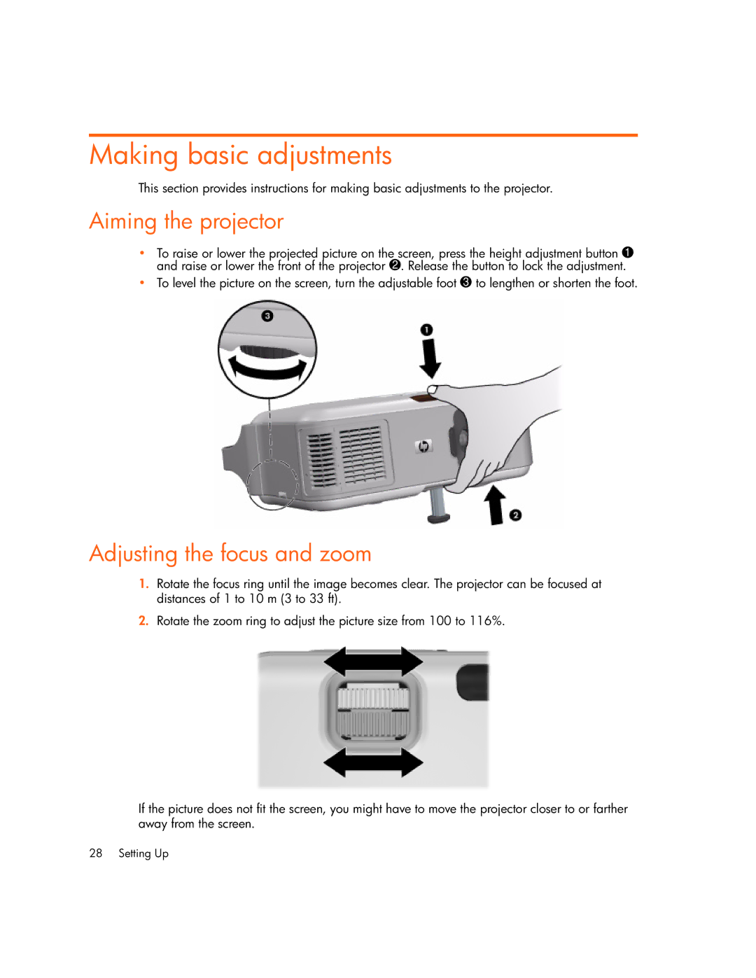 HP vp6320, vp6311, vp6310b, vp6315 manual Making basic adjustments, Aiming the projector, Adjusting the focus and zoom 