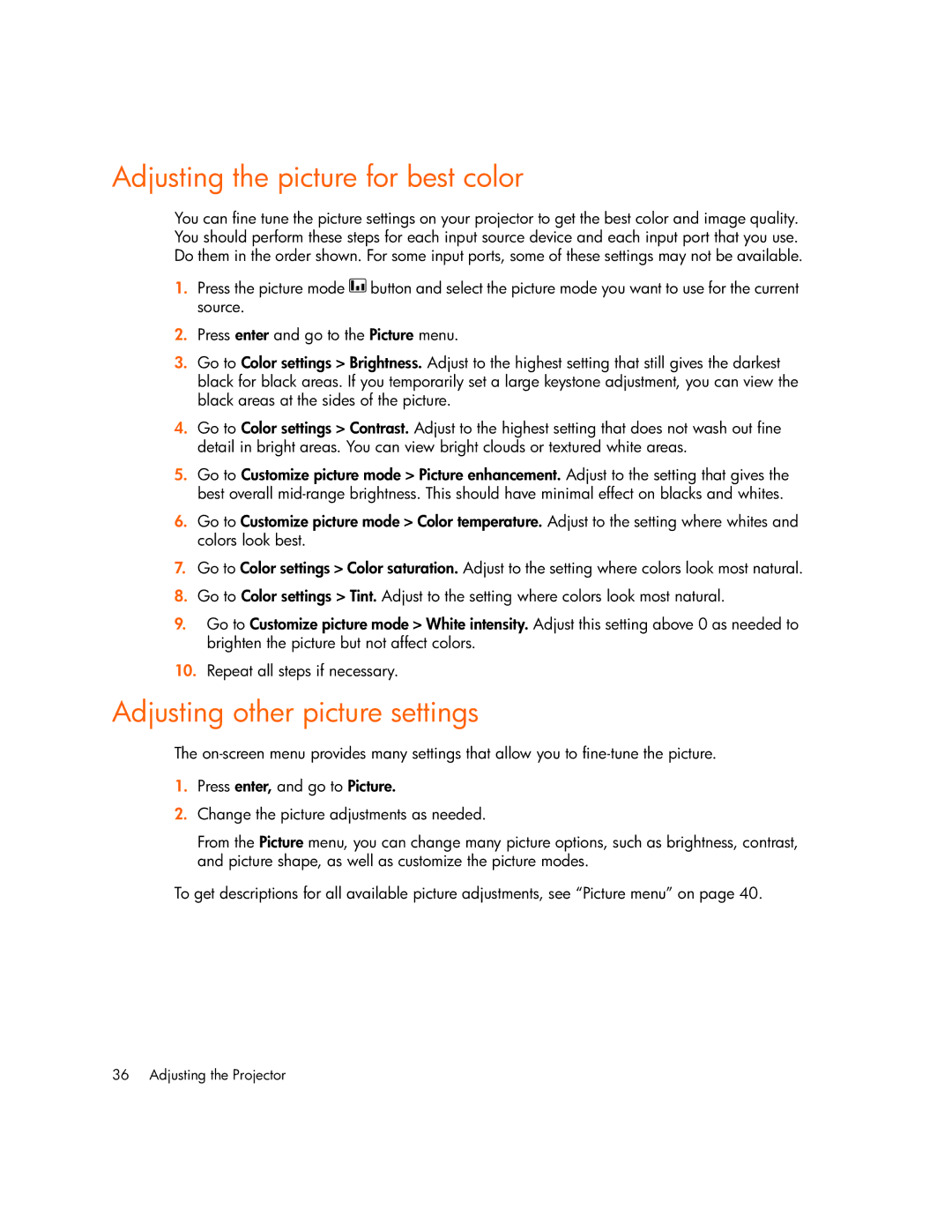 HP vp6311, vp6320, vp6310b, vp6315 manual Adjusting the picture for best color, Adjusting other picture settings 