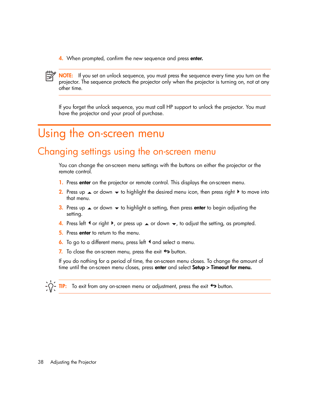 HP vp6320, vp6311, vp6310b, vp6315 manual Using the on-screen menu, Changing settings using the on-screen menu 