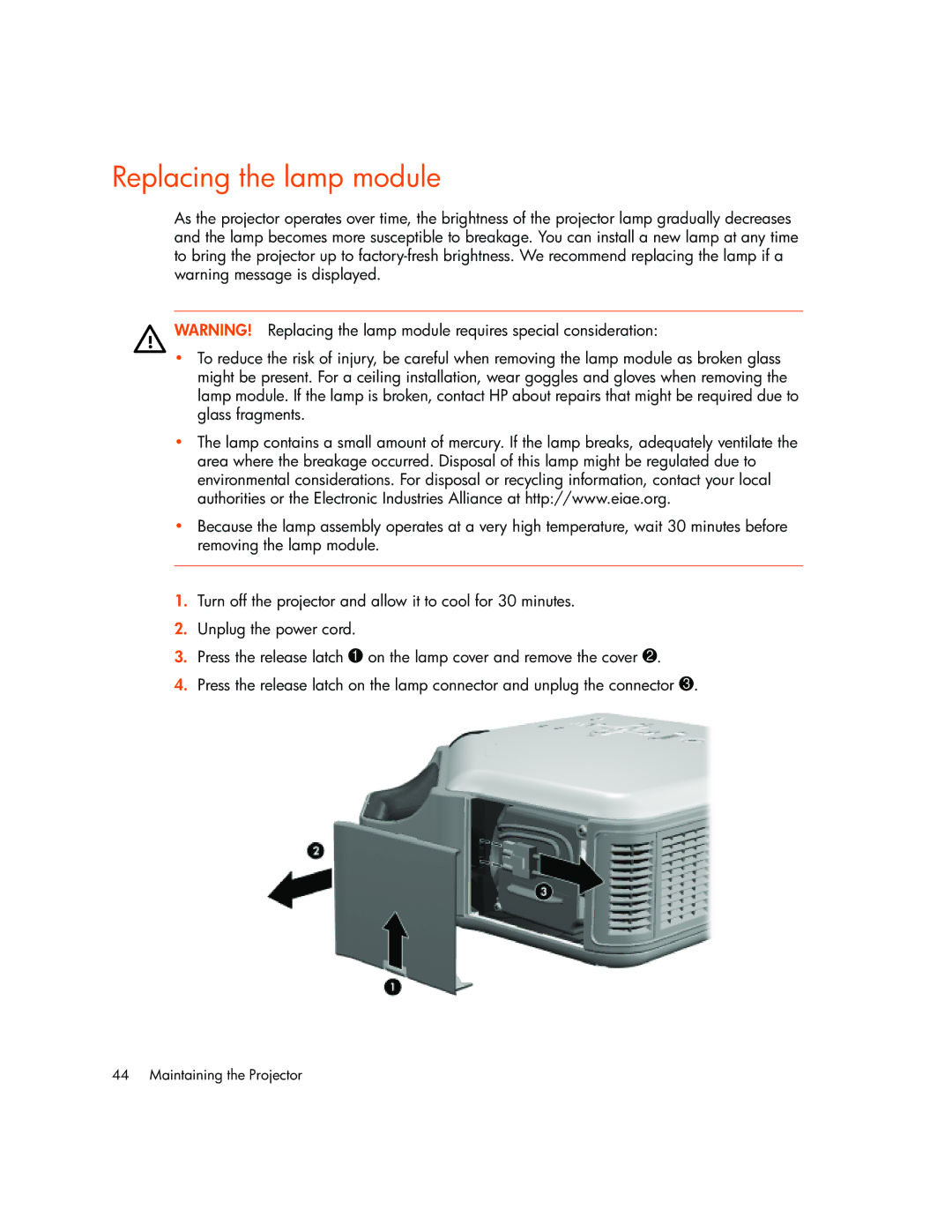 HP vp6315, vp6320, vp6311, vp6310b manual Replacing the lamp module 