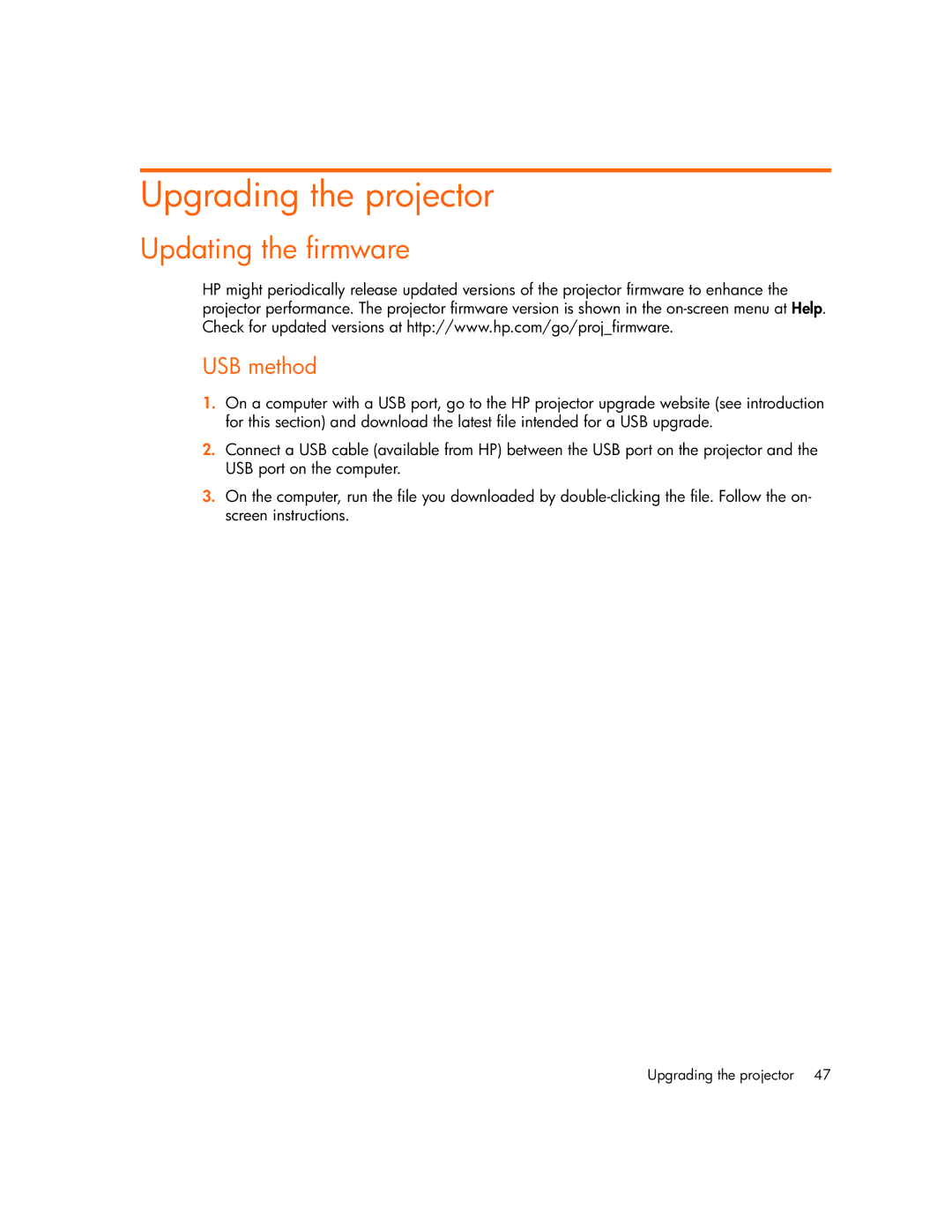 HP vp6310b, vp6320, vp6311, vp6315 manual Upgrading the projector, Updating the firmware, USB method 