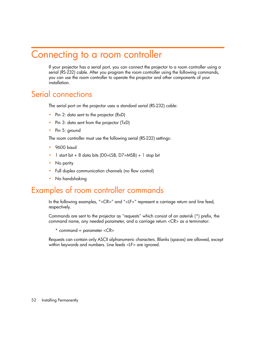 HP vp6310b, vp6320, vp6311, vp6315 Connecting to a room controller, Serial connections, Examples of room controller commands 