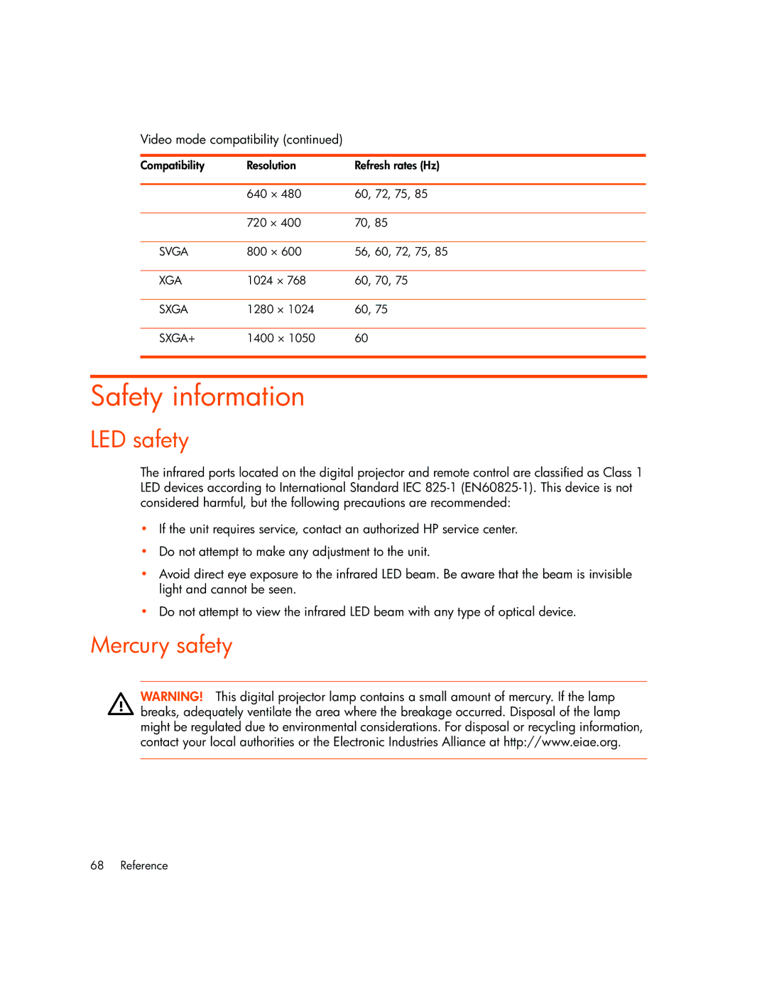 HP vp6320, vp6311, vp6310b, vp6315 manual Safety information, LED safety, Mercury safety 