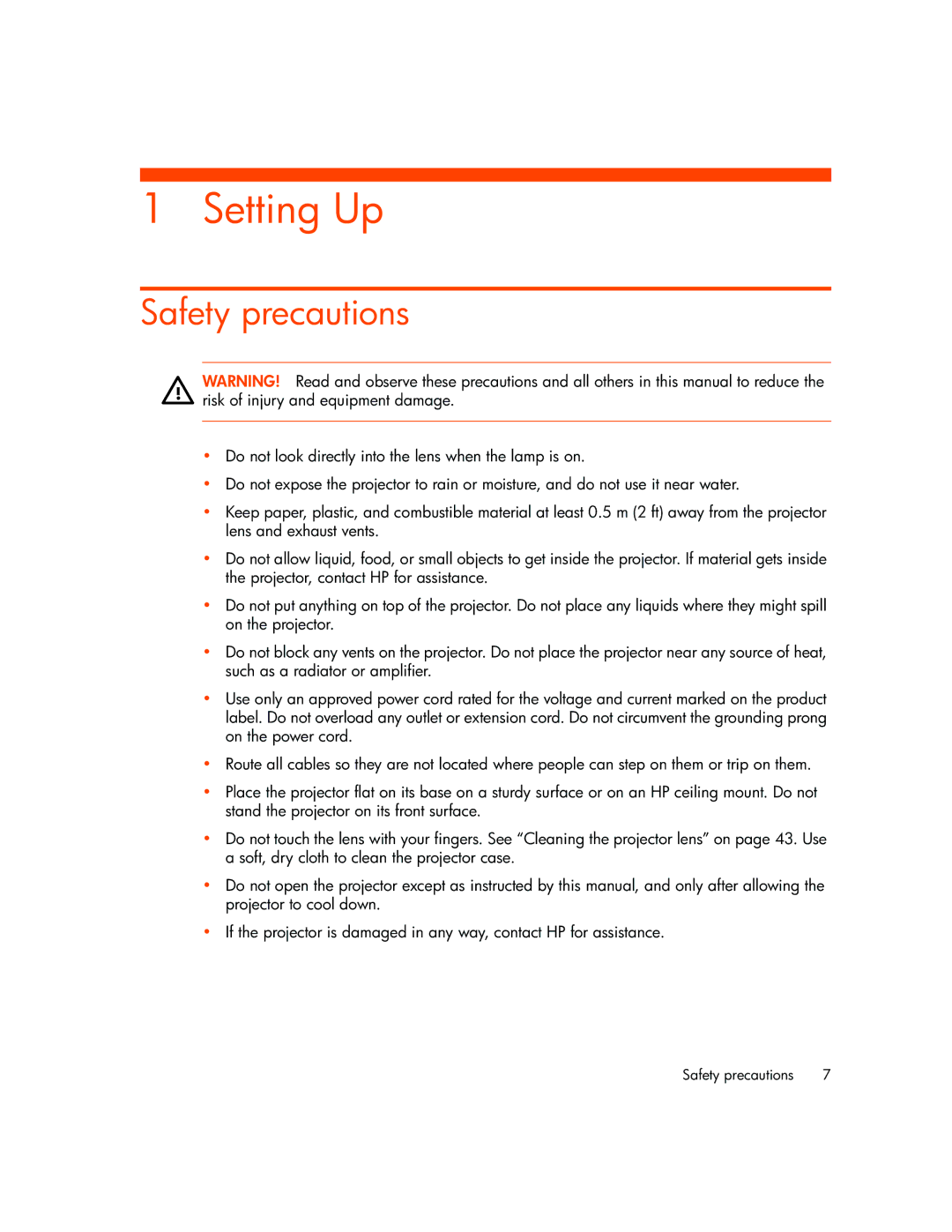 HP vp6310b, vp6320, vp6311, vp6315 manual Setting Up, Safety precautions 