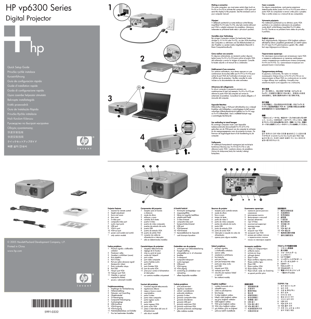 HP vp6311 manual HP vp6300 Series, Digital Projector, Quick Setup Guide Pučka rychlé instalace Kurzeinführung, 5991-0332 