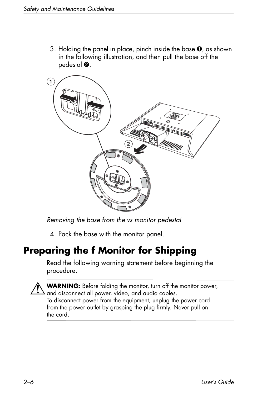 HP vs17x 17 inch, vs17x-wm 17 inch manual Preparing the f Monitor for Shipping 