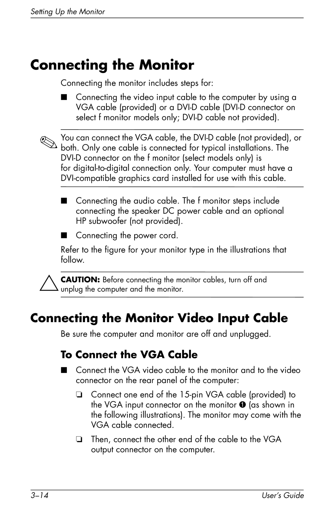 HP vs17x 17 inch, vs17x-wm 17 inch manual Connecting the Monitor Video Input Cable, To Connect the VGA Cable 