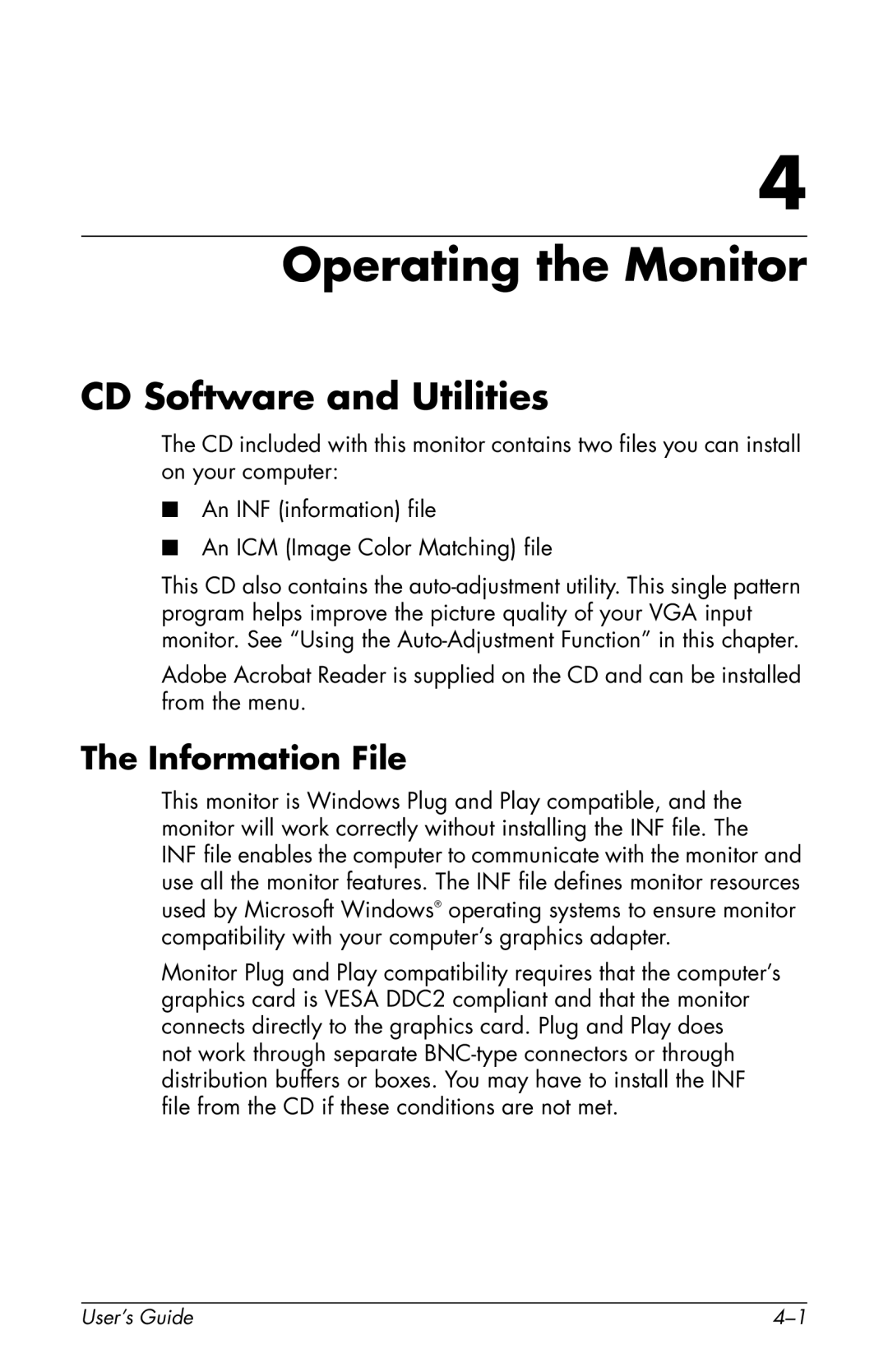 HP vs17x-wm 17 inch, vs17x 17 inch manual Operating the Monitor, CD Software and Utilities, Information File 