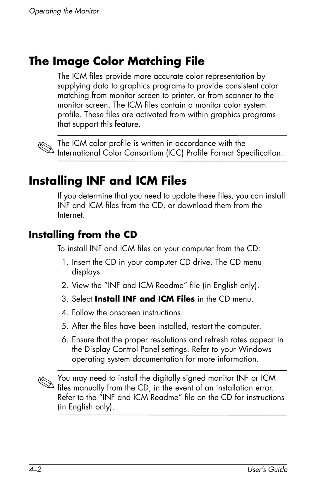 HP vs17x 17 inch, vs17x-wm 17 inch manual Image Color Matching File, Installing INF and ICM Files, Installing from the CD 