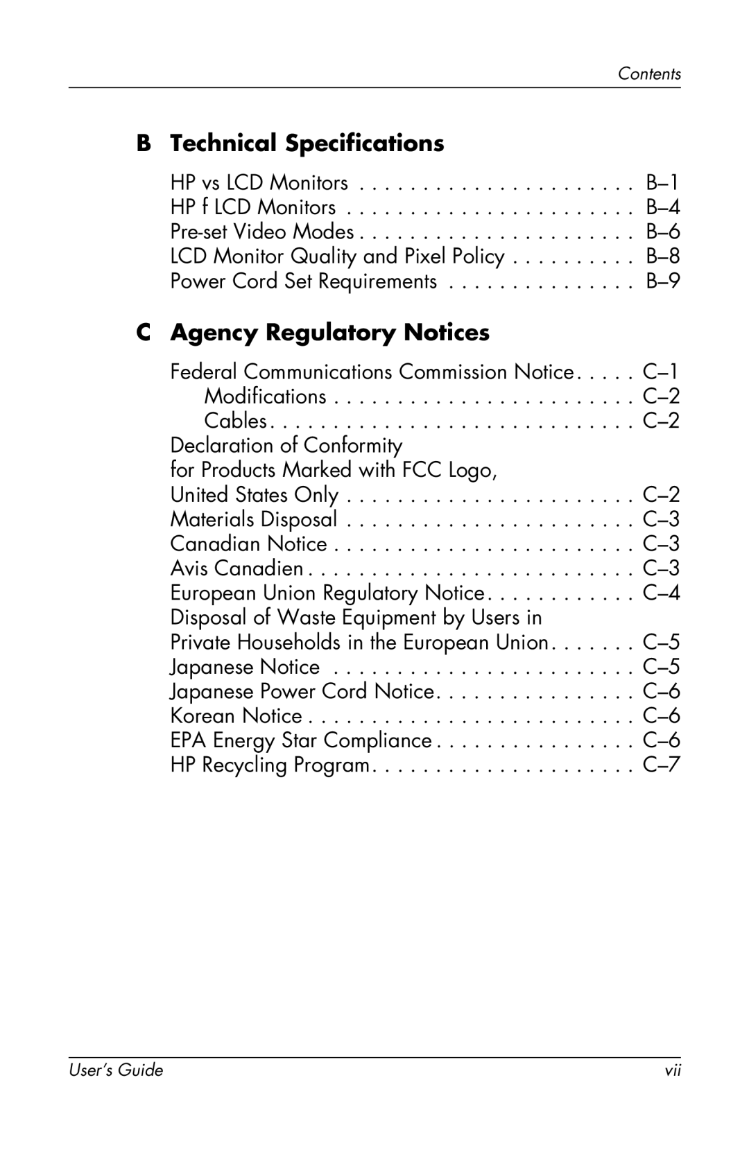 HP f1705, vs19, f1905, vs17, vs15 manual Technical Specifications, Agency Regulatory Notices 