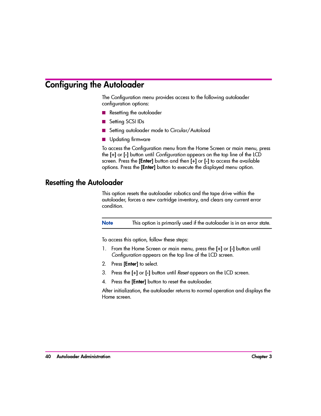 HP vs80 manual Configuring the Autoloader, Resetting the Autoloader 