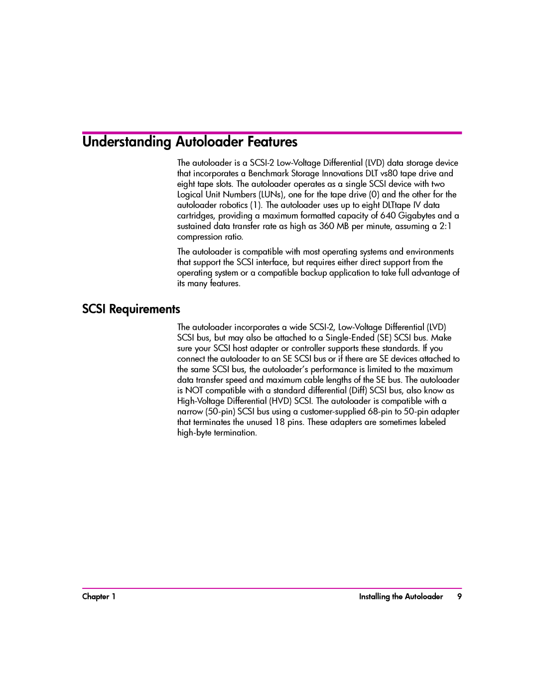 HP vs80 manual Understanding Autoloader Features, Scsi Requirements 