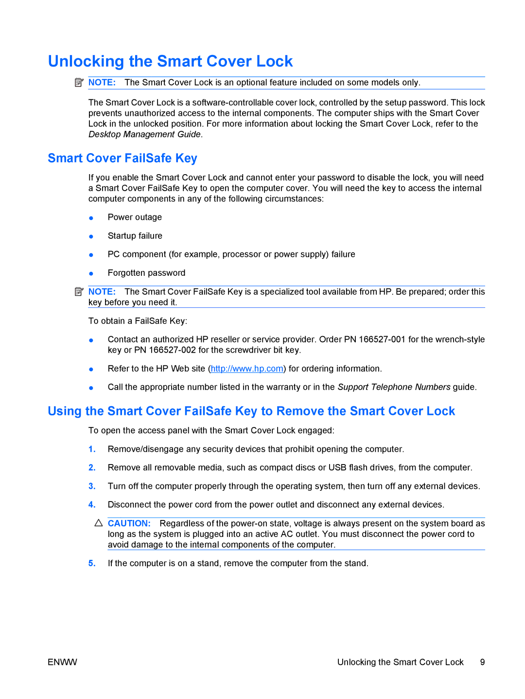 HP VS803UT manual Unlocking the Smart Cover Lock, Smart Cover FailSafe Key 