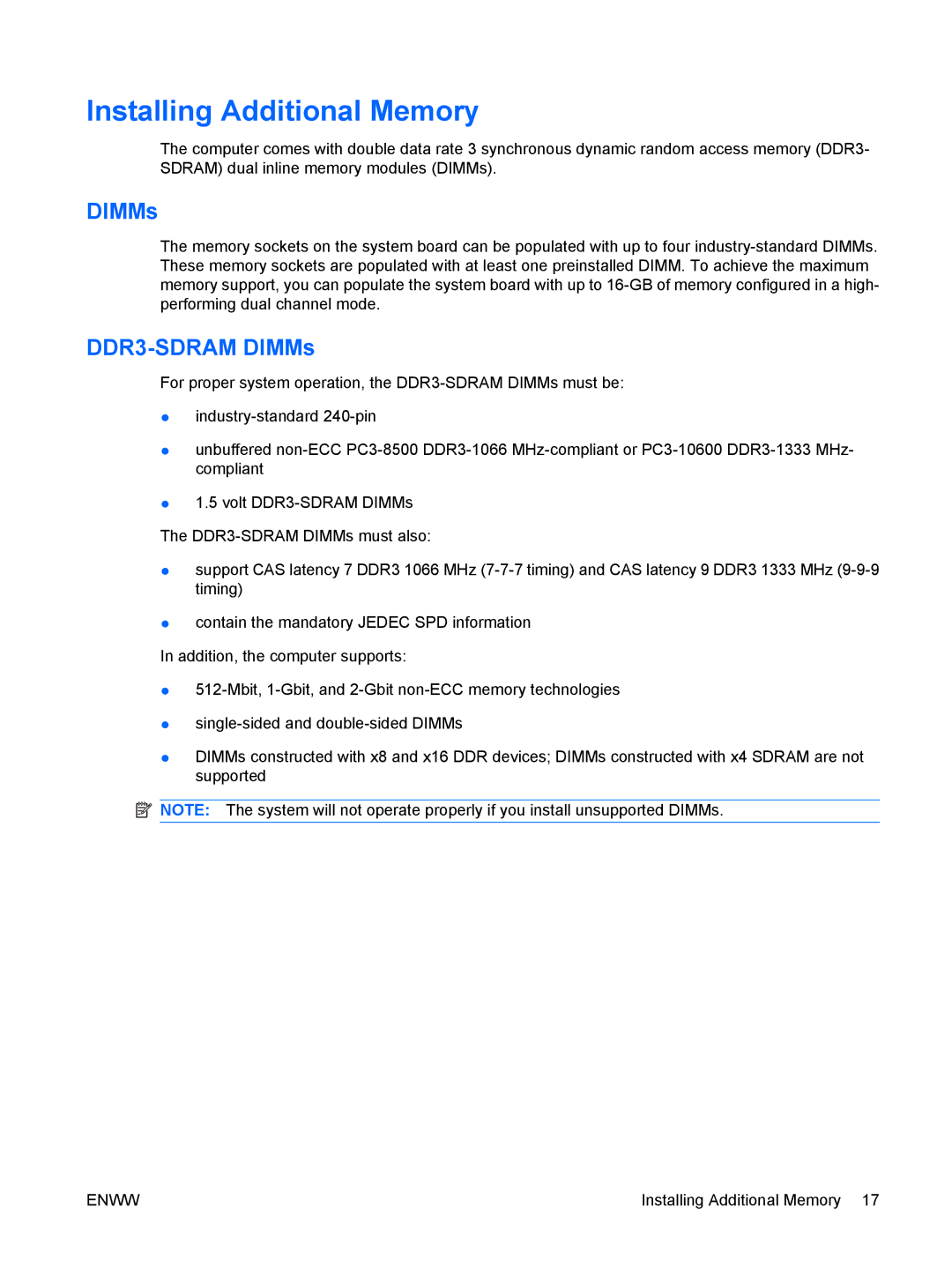 HP VS803UT manual Installing Additional Memory, DDR3-SDRAM DIMMs 