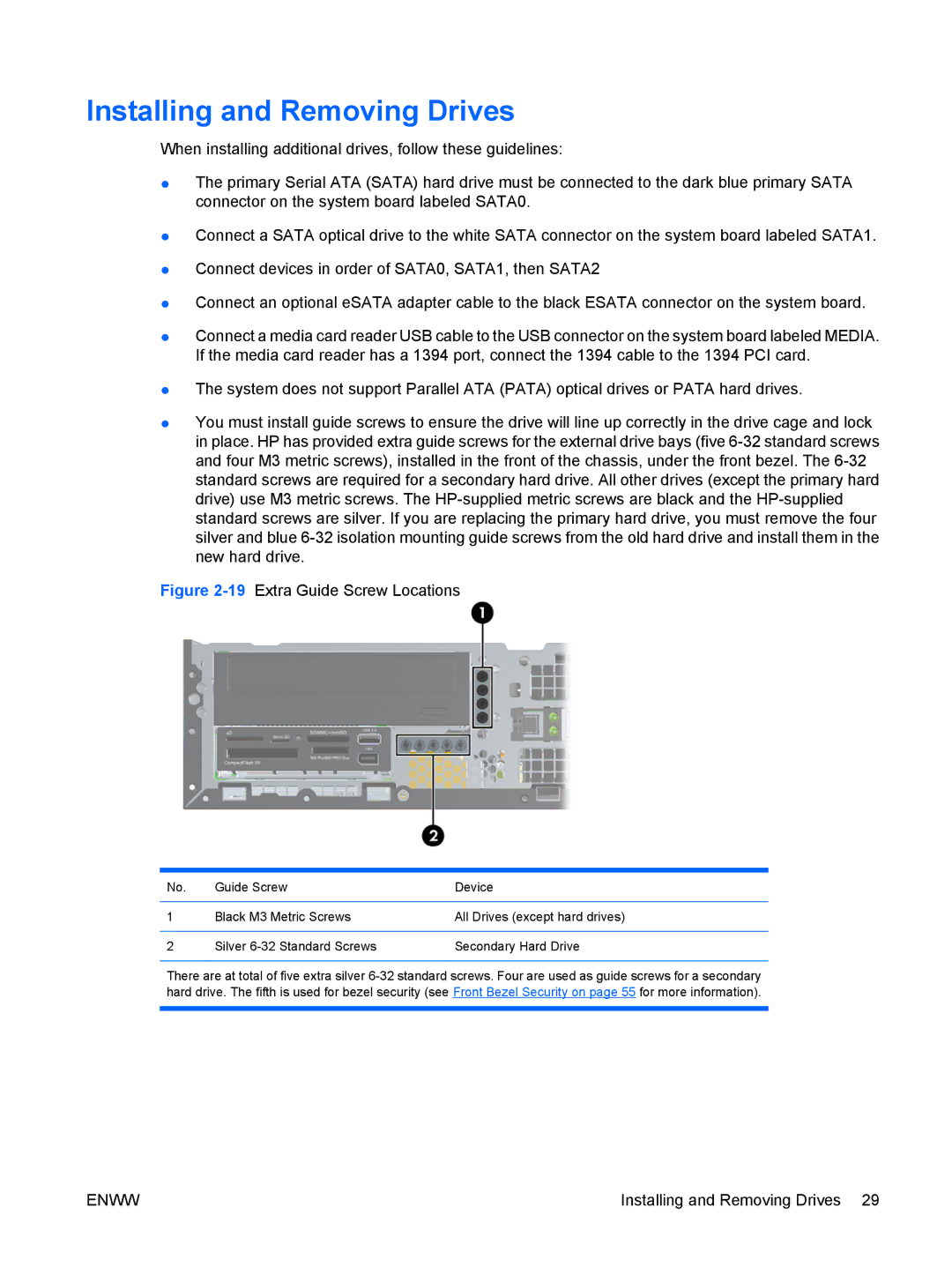 HP VS803UT manual Installing and Removing Drives, 19Extra Guide Screw Locations 