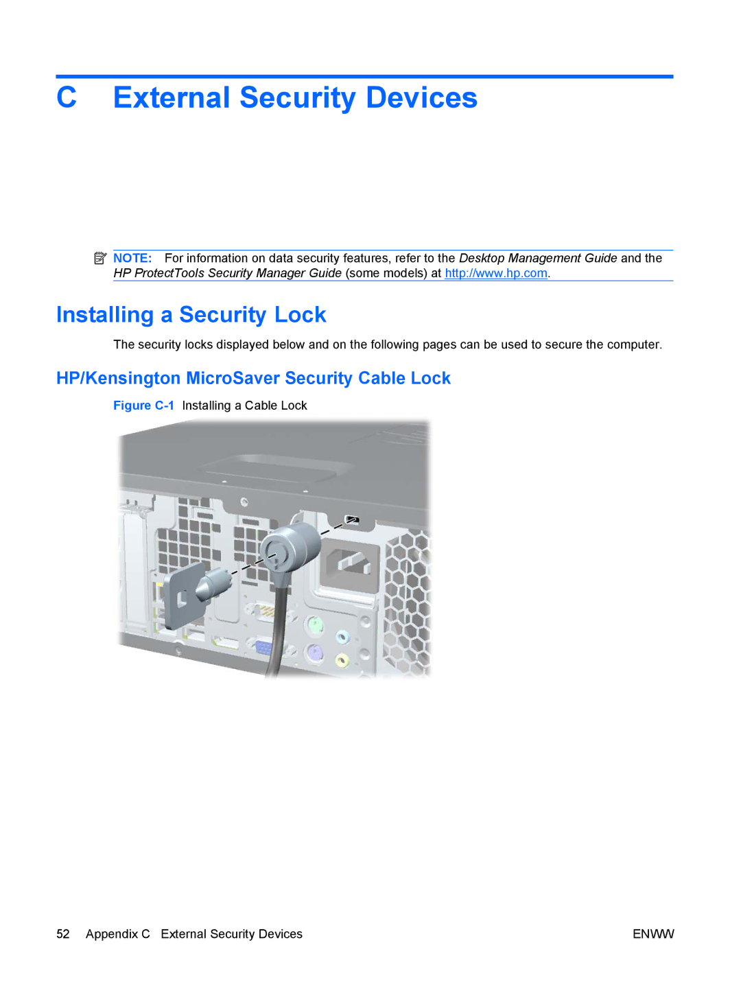 HP VS803UT manual External Security Devices, Installing a Security Lock, HP/Kensington MicroSaver Security Cable Lock 