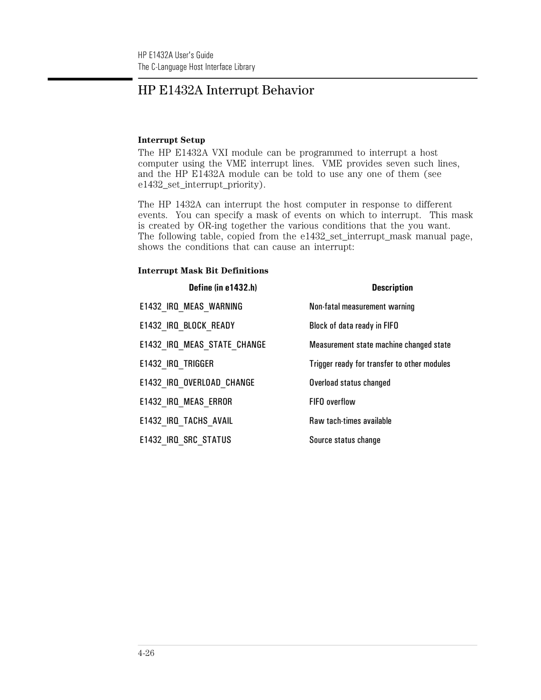 HP VXI E1432A Non-fatal measurement warning, Block of data ready in Fifo, Overload status changed, Source status change 