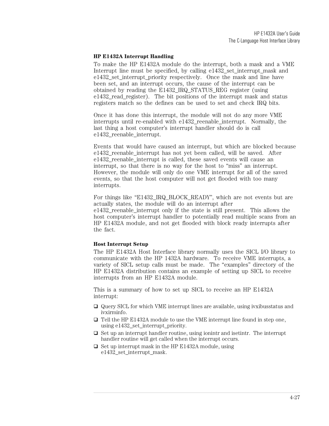 HP VXI E1432A manual HP E1432A Interrupt Handling 