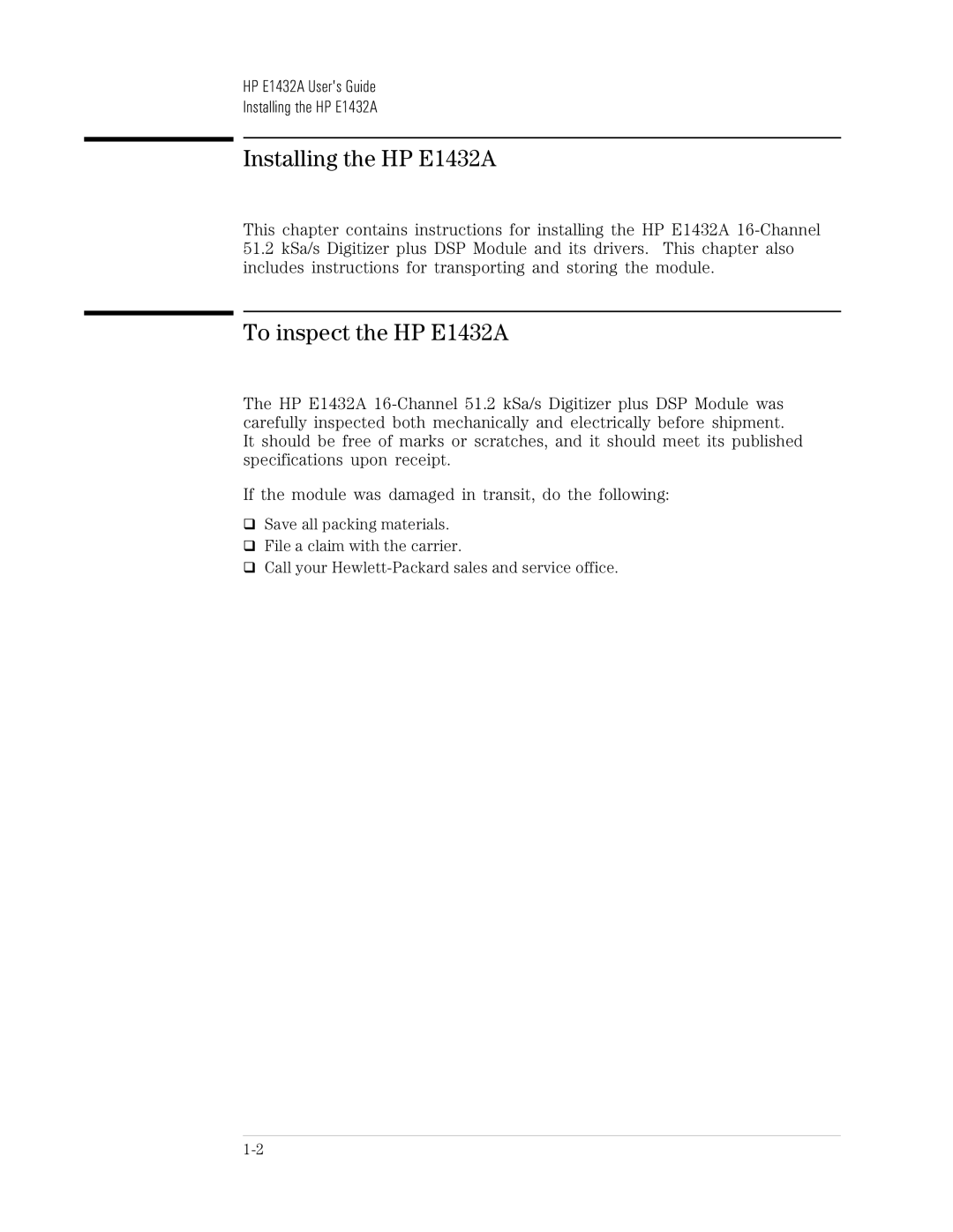 HP VXI E1432A manual To inspect the HP E1432A, HP E1432A Users Guide Installing the HP E1432A 