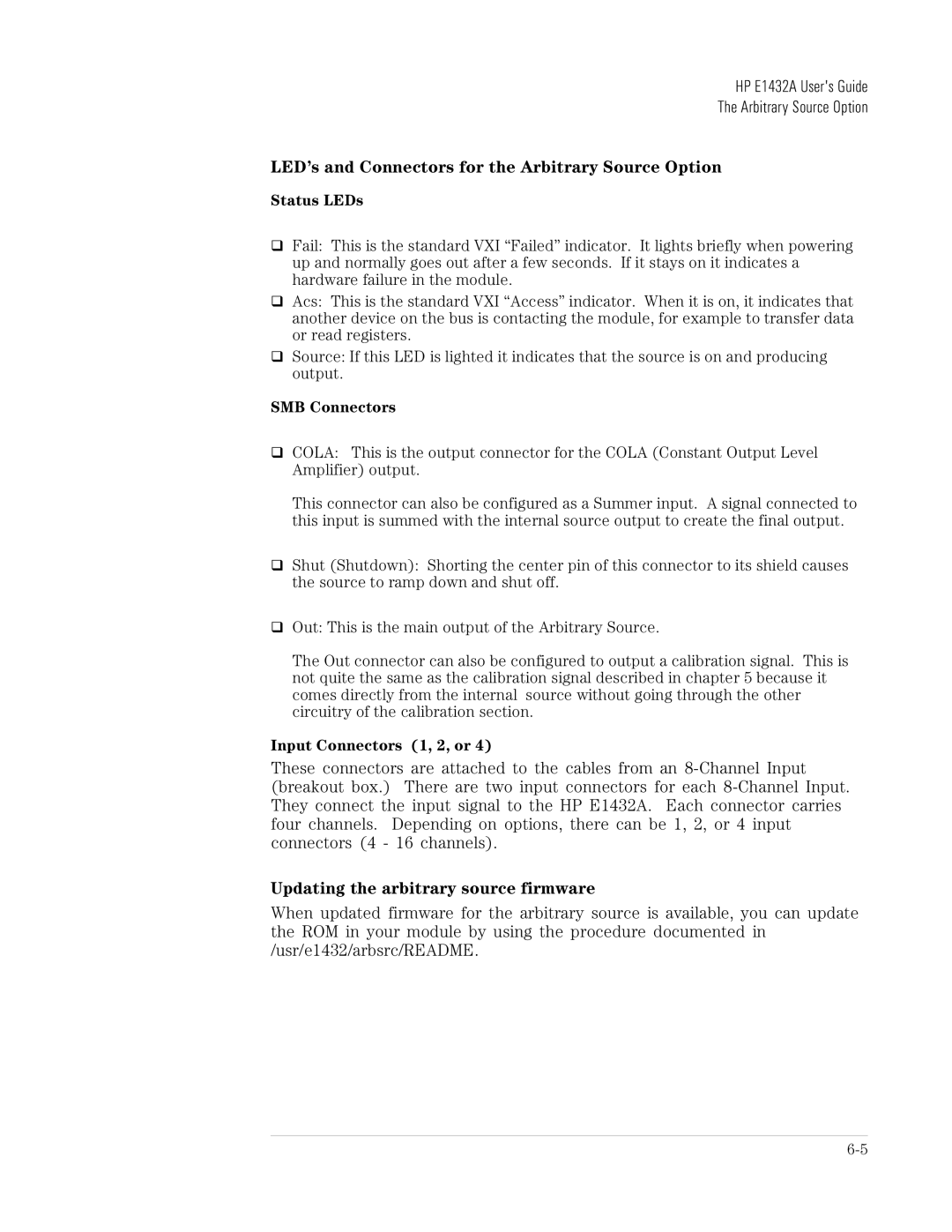 HP VXI E1432A manual LED’s and Connectors for the Arbitrary Source Option, Updating the arbitrary source firmware 