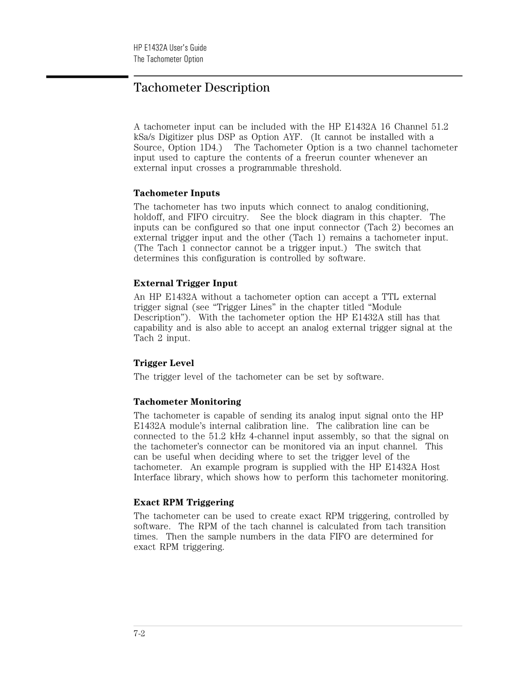 HP VXI E1432A manual Tachometer Description, Tachometer Inputs, External Trigger Input, Tachometer Monitoring 