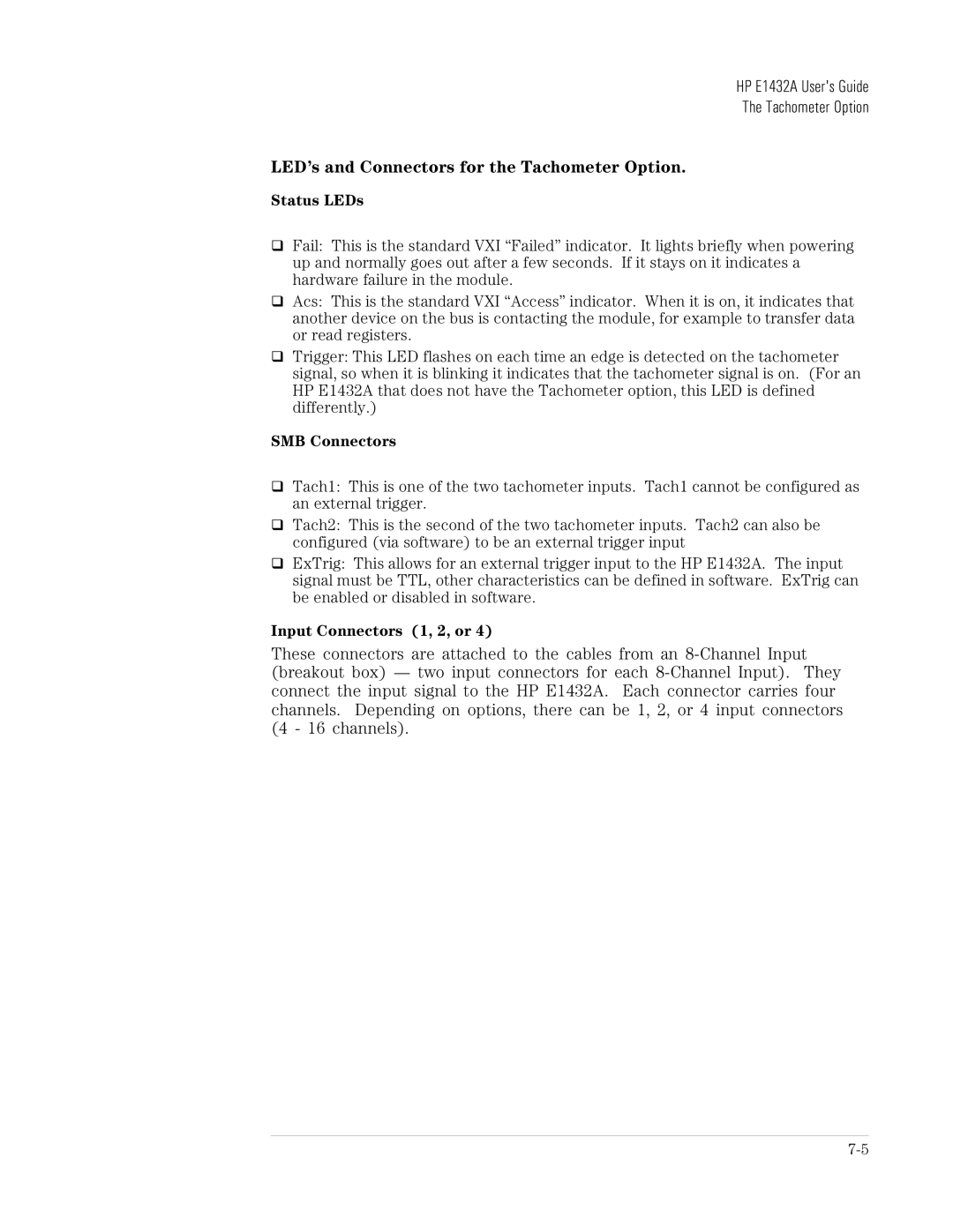 HP VXI E1432A manual LED’s and Connectors for the Tachometer Option 