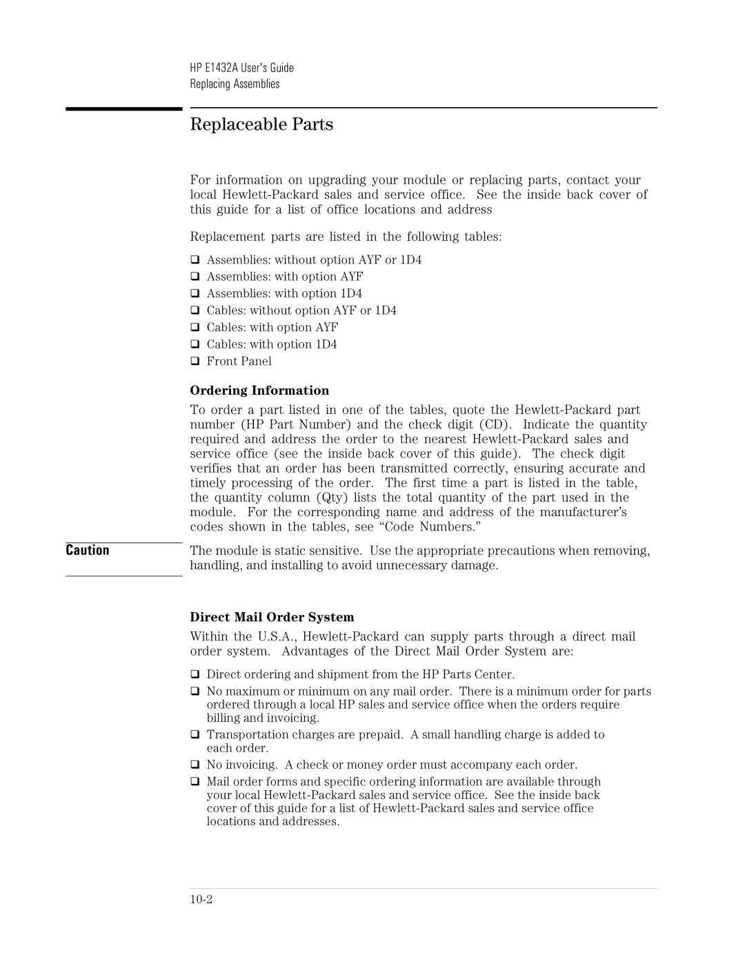 HP VXI E1432A manual Replaceable Parts, HP E1432A Users Guide Replacing Assemblies, Ordering Information 