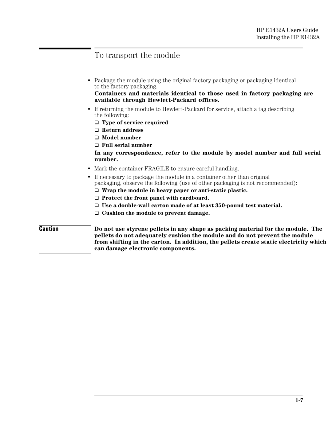 HP VXI E1432A manual To transport the module 