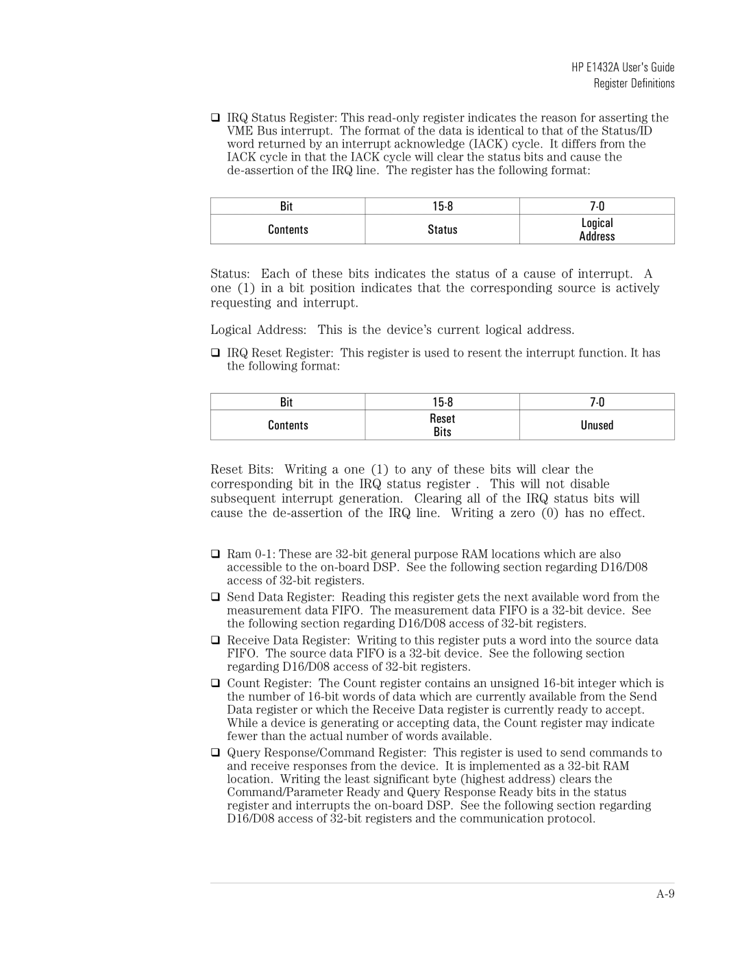 HP VXI E1432A manual Contents Status Logical 