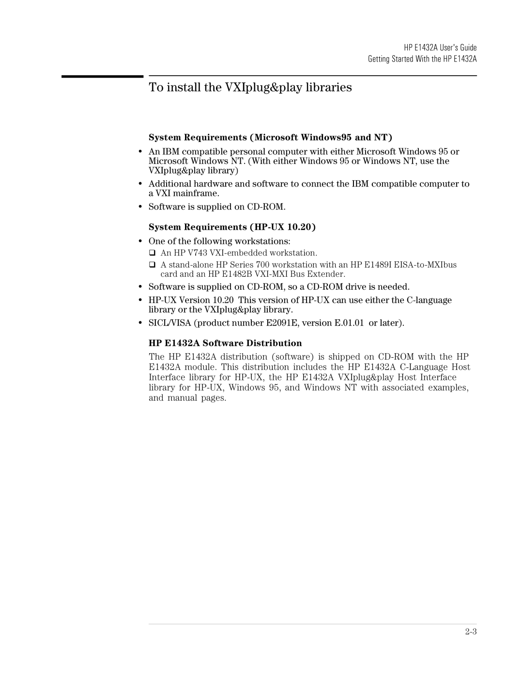 HP VXI E1432A manual To install the VXIplug&play libraries, System Requirements Microsoft Windows95 and NT 