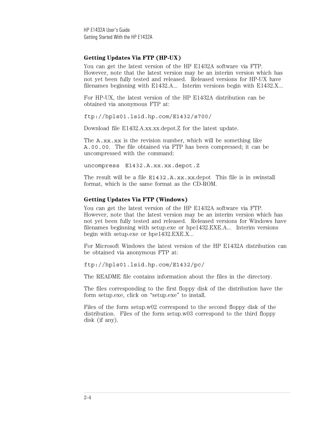 HP VXI E1432A manual Getting Updates Via FTP HP-UX, Getting Updates Via FTP Windows 