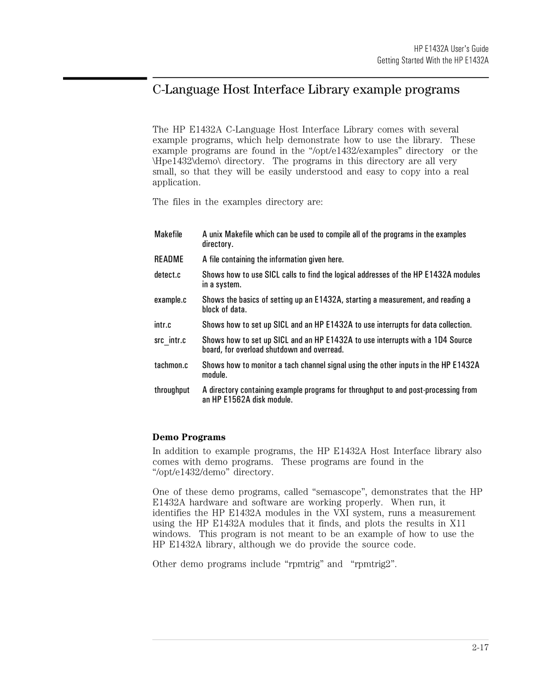 HP VXI E1432A manual Language Host Interface Library example programs, Demo Programs 