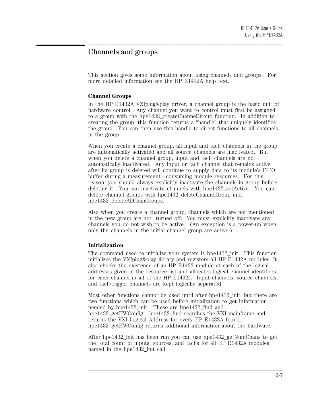 HP VXI E1432A manual Channels and groups, Channel Groups, Initialization 