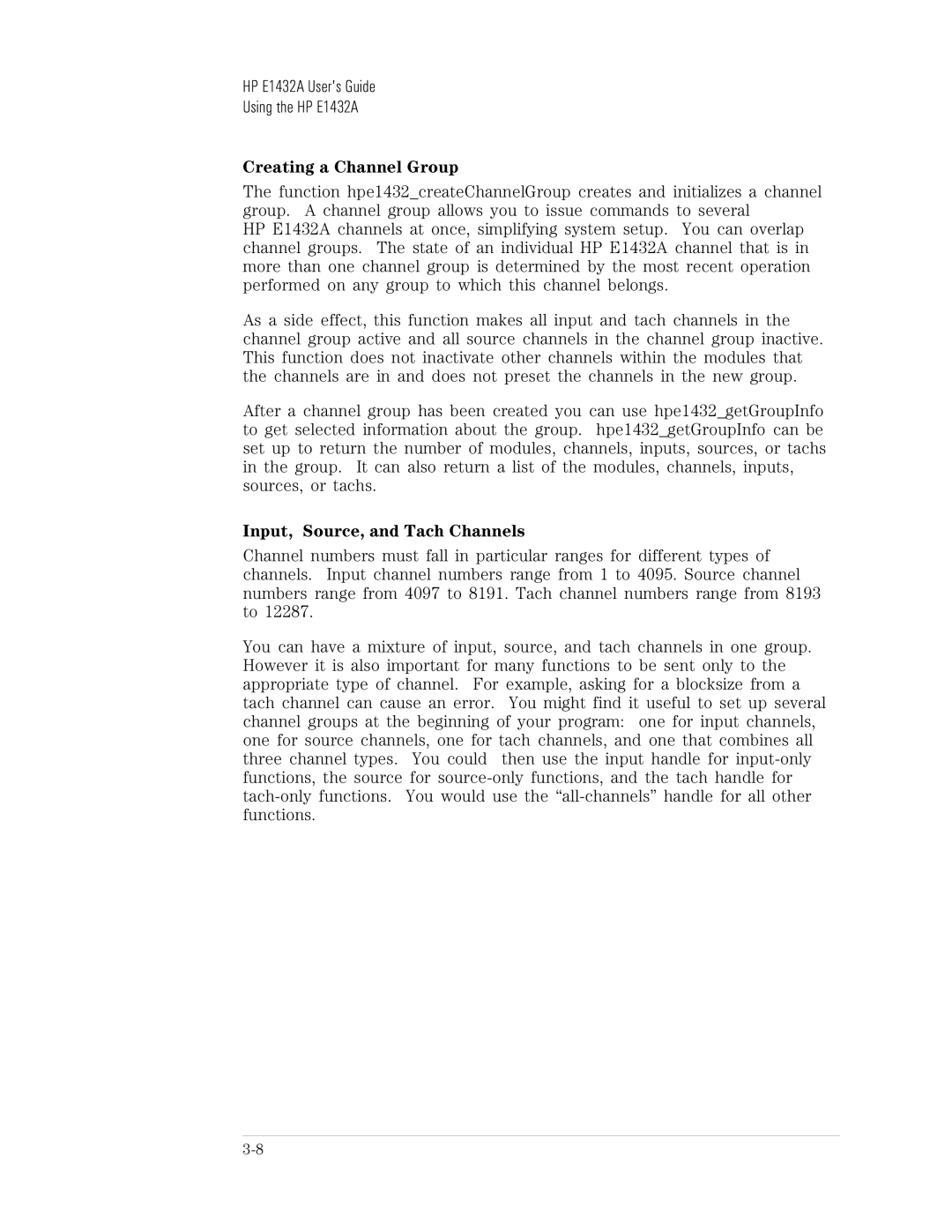 HP VXI E1432A manual Creating a Channel Group, Input, Source, and Tach Channels 