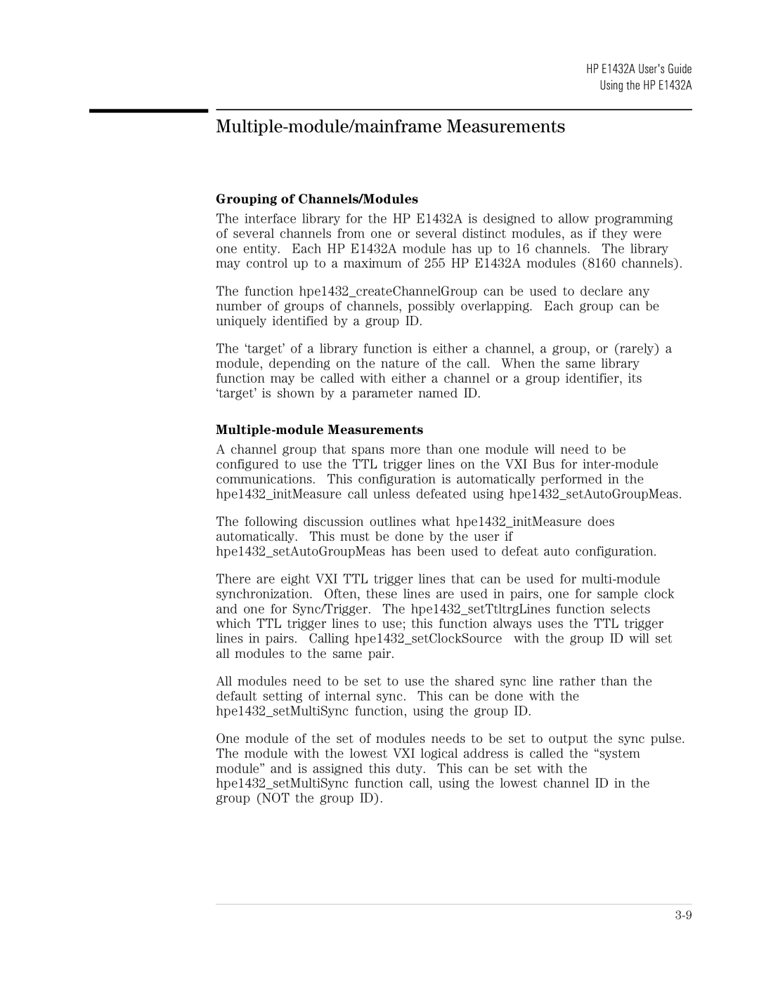 HP VXI E1432A manual Multiple-module/mainframe Measurements, Grouping of Channels/Modules, Multiple-module Measurements 