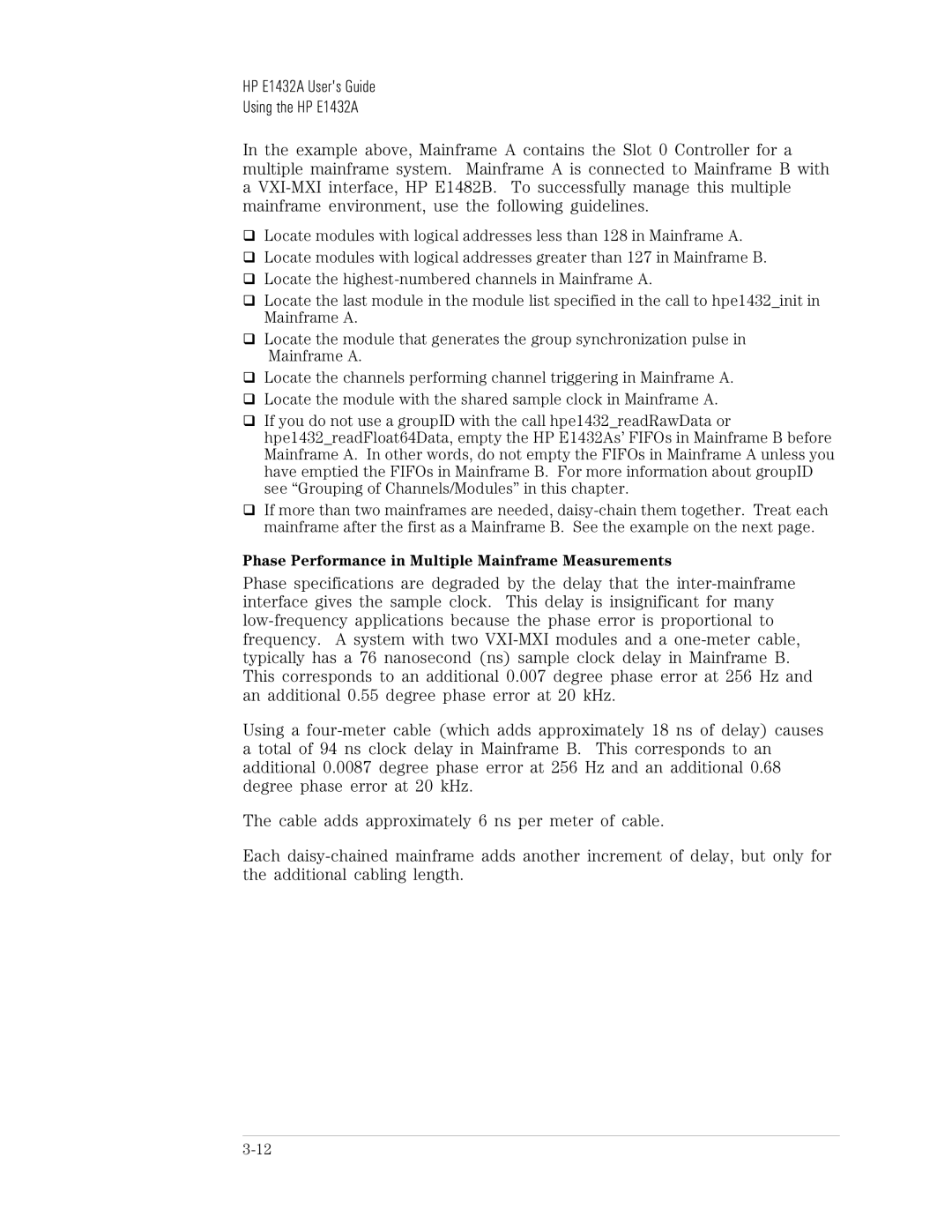 HP VXI E1432A manual Phase Performance in Multiple Mainframe Measurements 