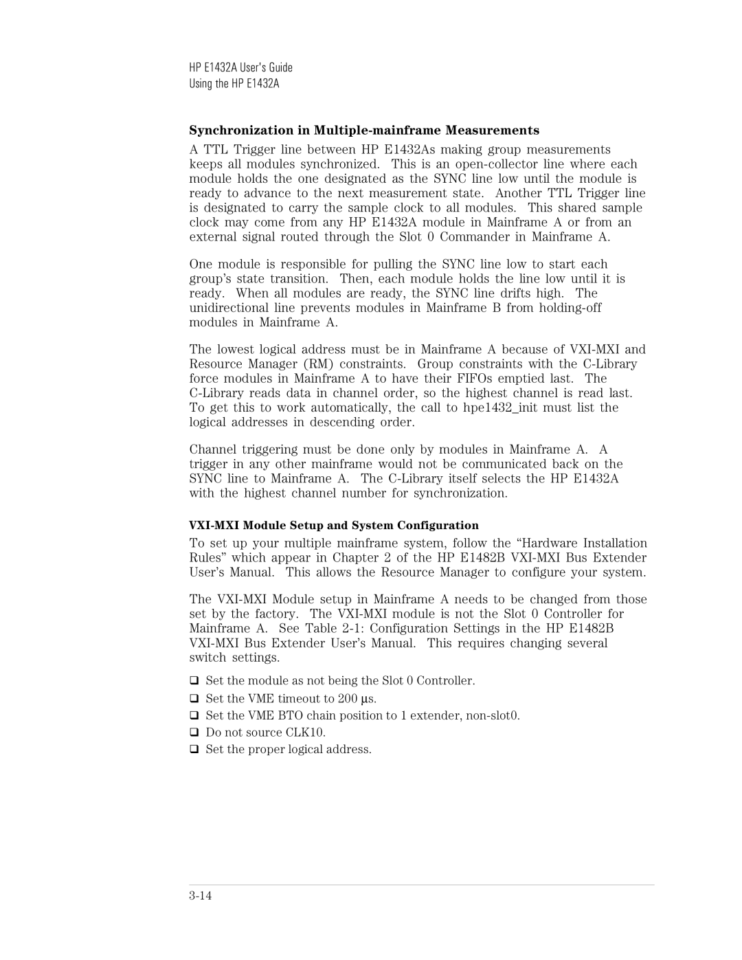 HP VXI E1432A manual Synchronization in Multiple-mainframe Measurements 