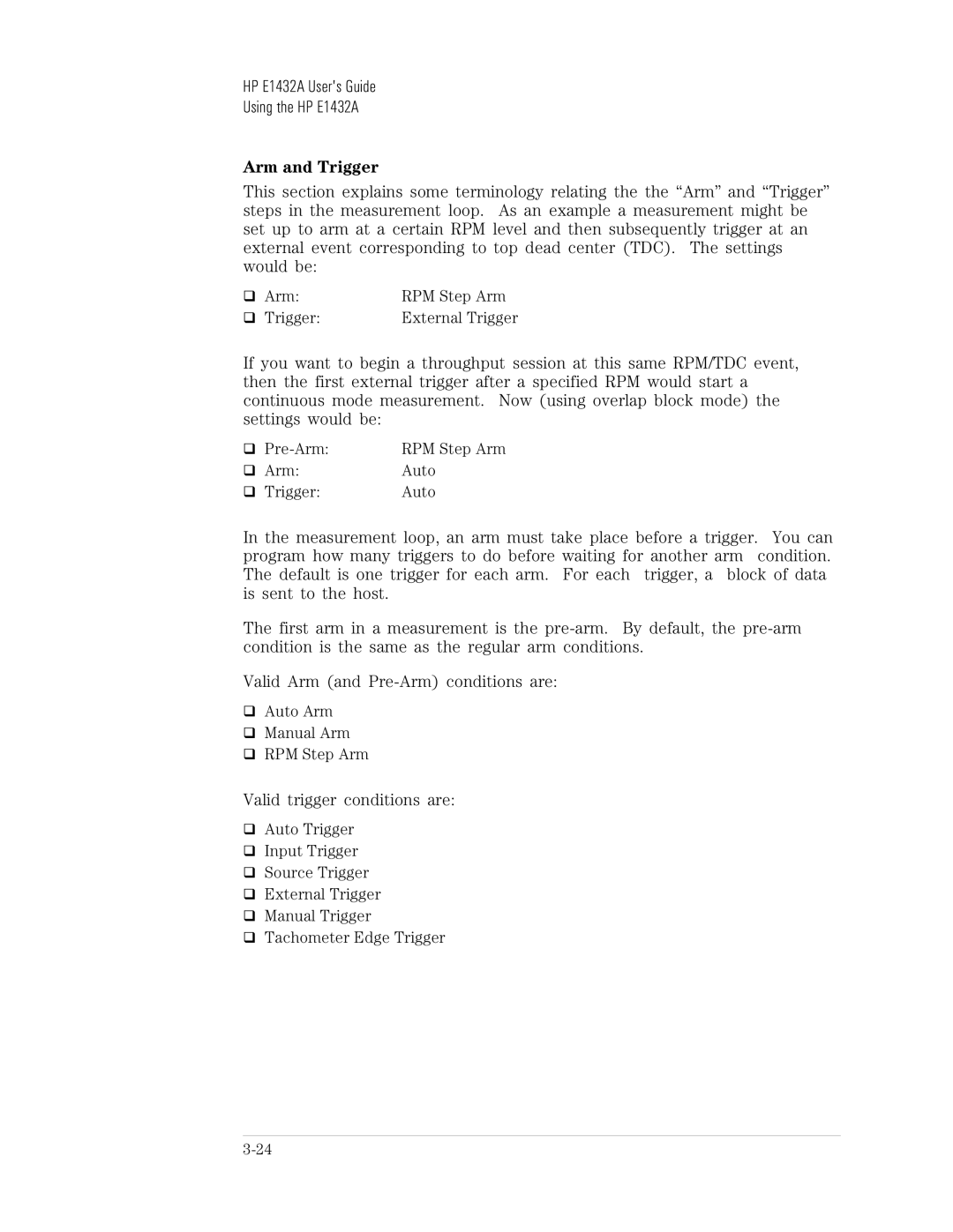 HP VXI E1432A manual Arm and Trigger, Valid trigger conditions are 