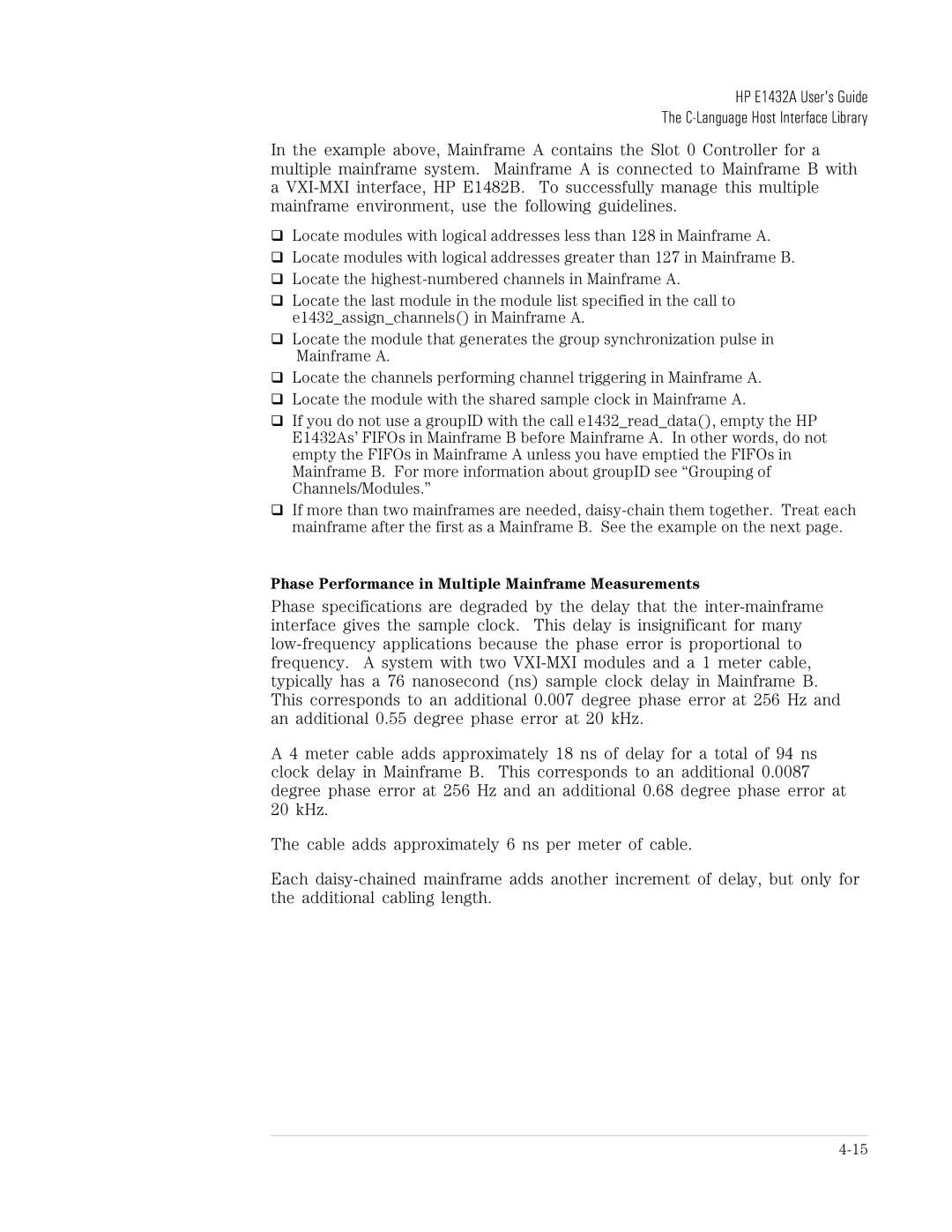 HP VXI E1432A manual Phase Performance in Multiple Mainframe Measurements 