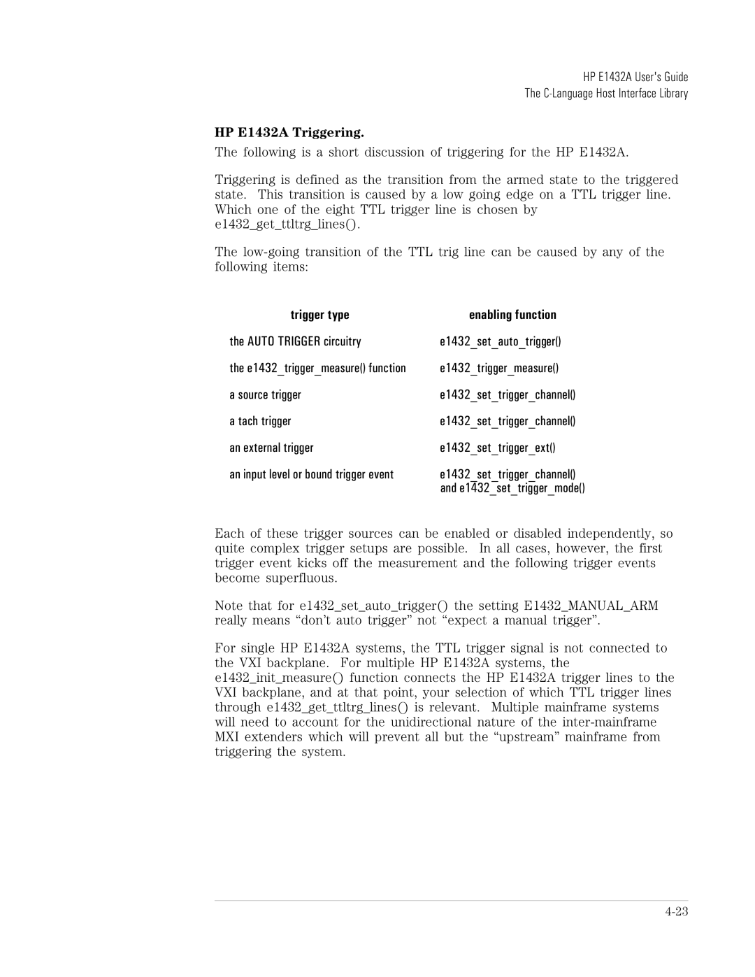 HP VXI E1432A manual Trigger type Enabling function, An external trigger E1432settriggerext 