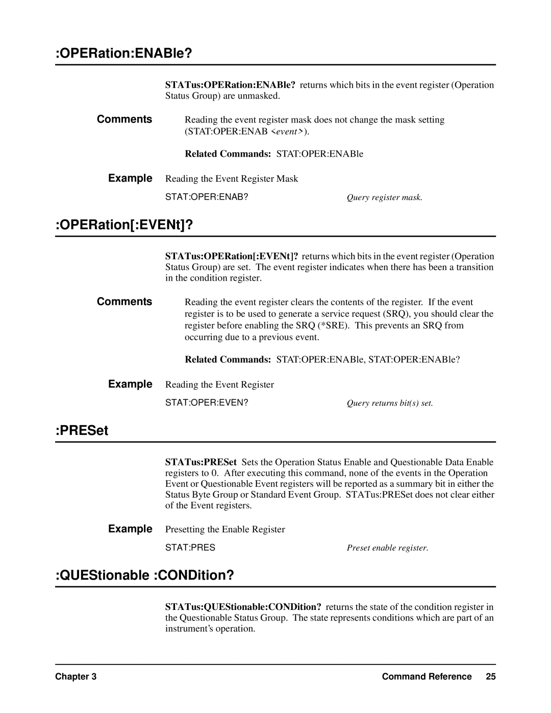 HP VXI manual OPERationENABle?, OPERationEVENt?, PRESet, QUEStionable CONDition? 