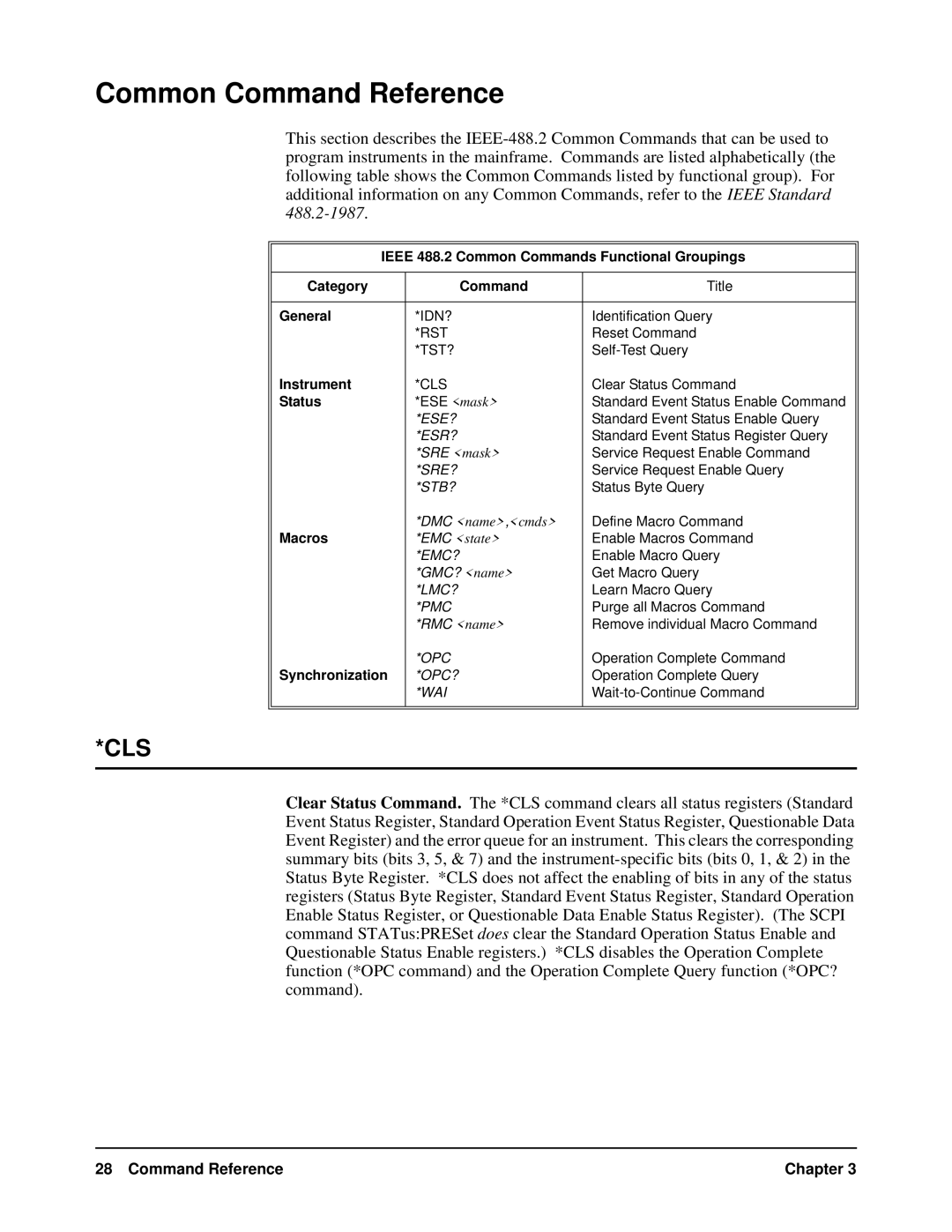 HP VXI manual Common Command Reference, Cls 