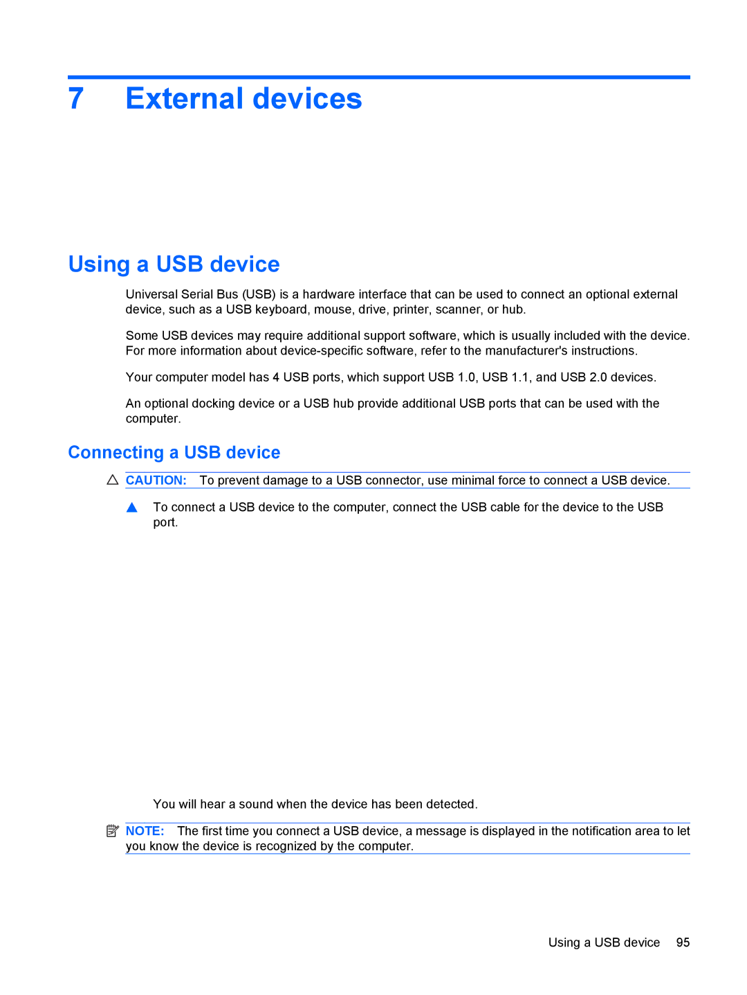 HP VZ243AV manual External devices, Using a USB device, Connecting a USB device 