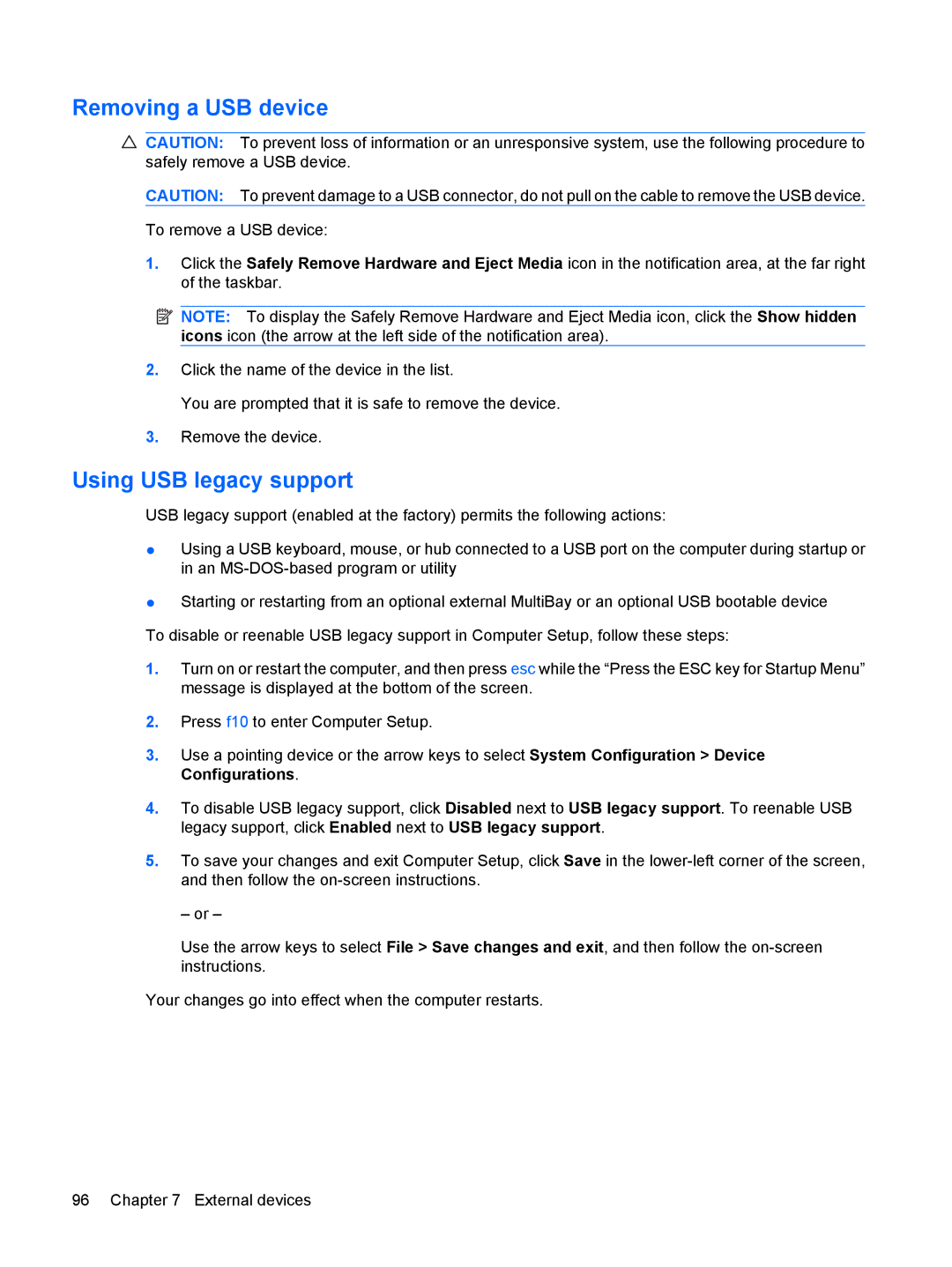 HP VZ243AV manual Removing a USB device, Using USB legacy support 