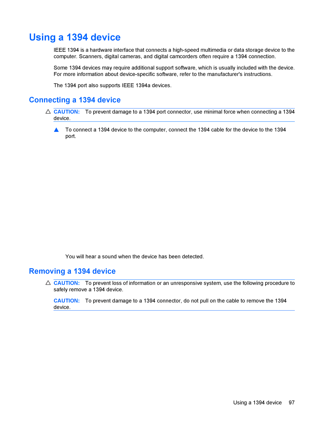 HP VZ243AV manual Using a 1394 device, Connecting a 1394 device, Removing a 1394 device 